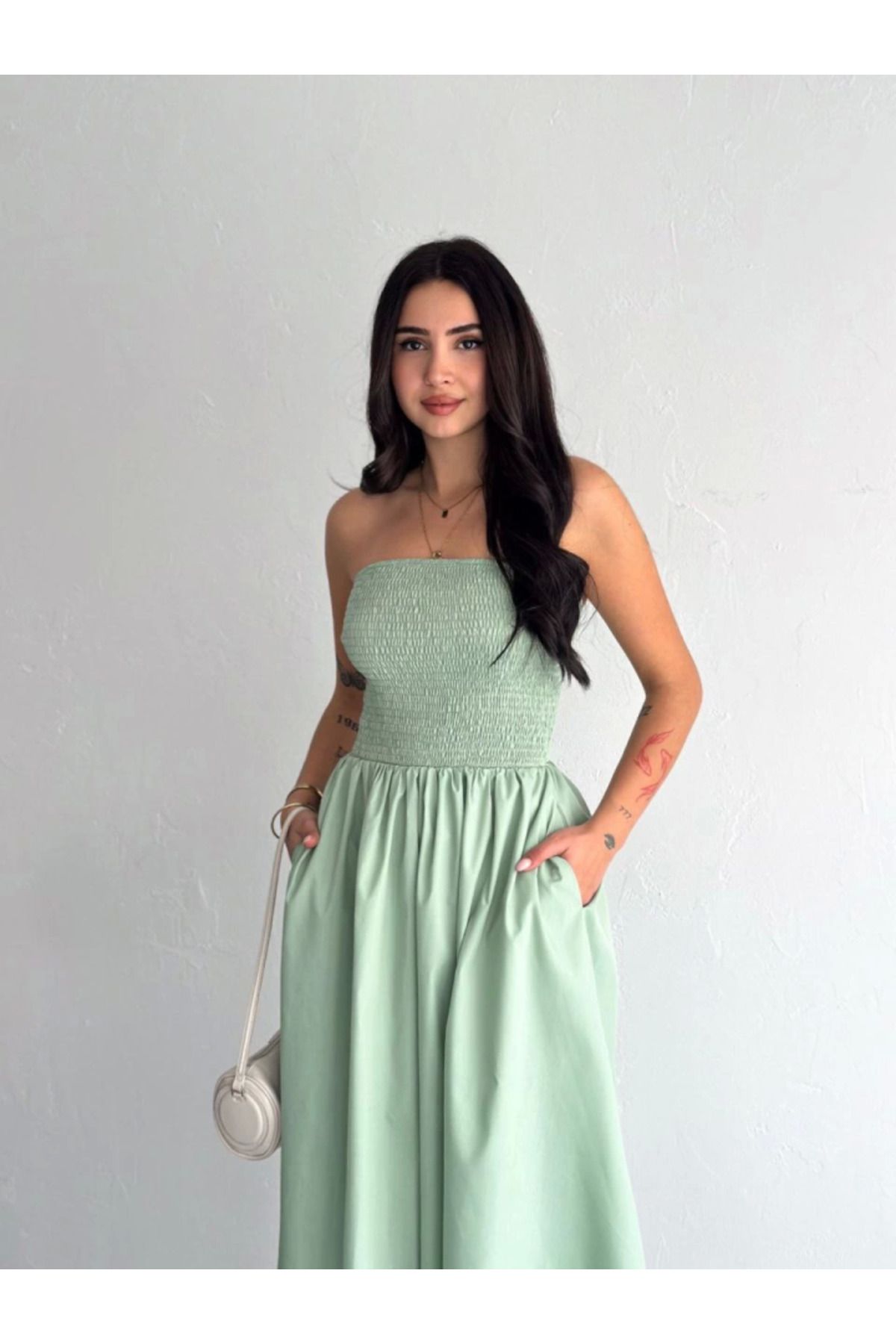 NİDAM BUTİK Straplez Pileli Elbise - Su Yeşili