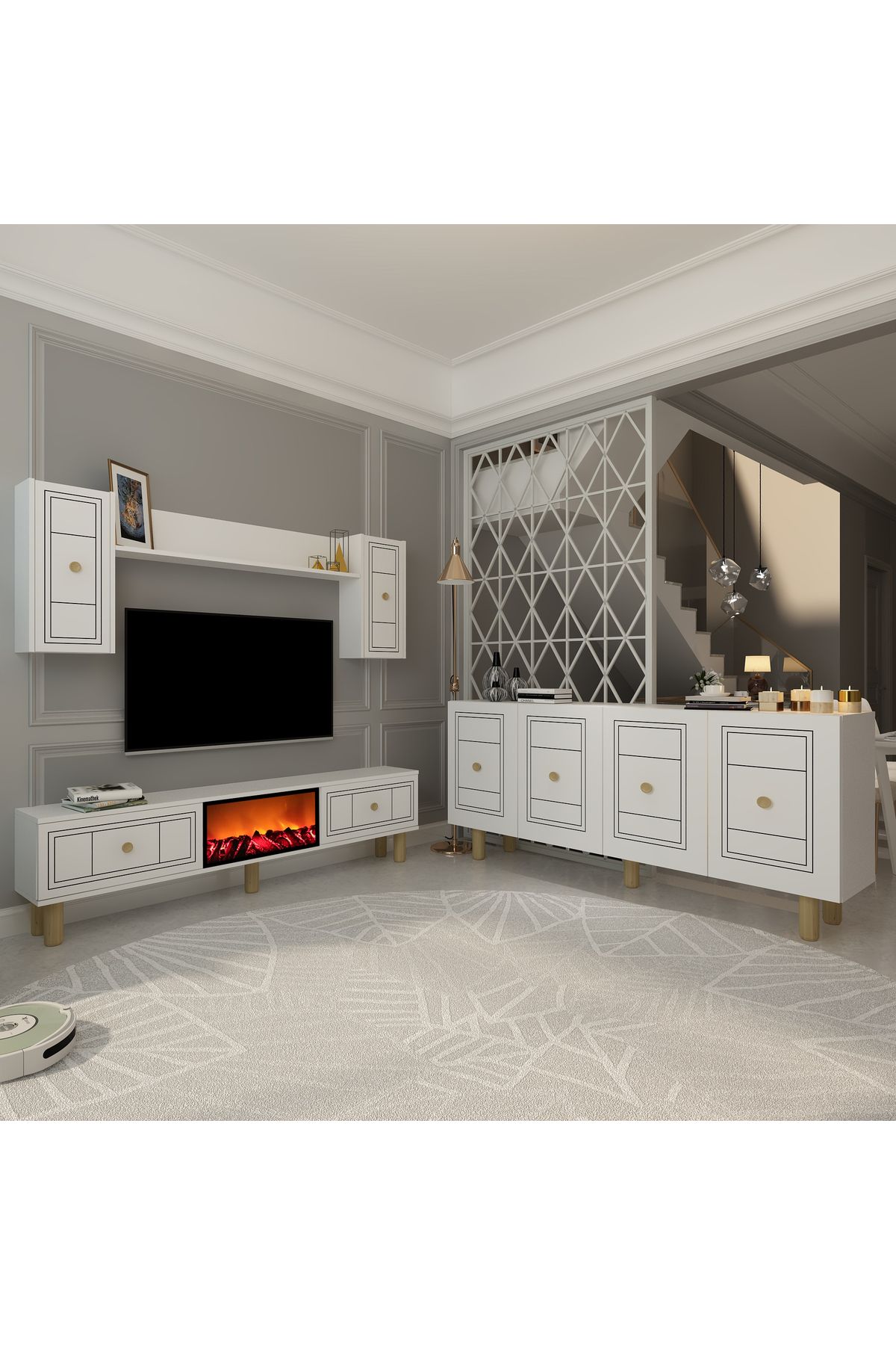 DemonteHome DARİODH BOHEM KONSOL (KB150), ŞÖMİNELİ BOHEM TV ÜNİTESİ 2 Lİ SALON TAKIMI BEYAZ-BEYAZ