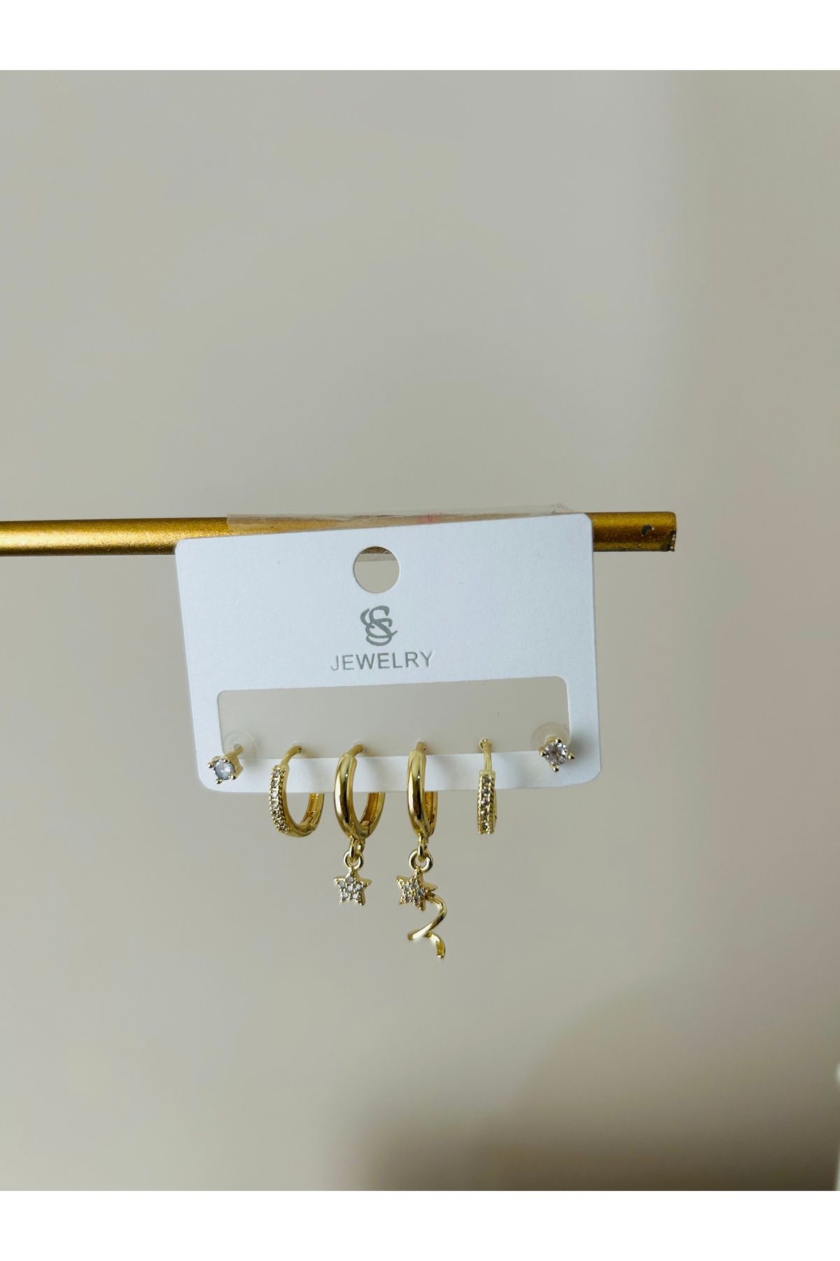 JEWELRY 6 lı Zirkon Taşlı Gold Yıldızlı Küpe