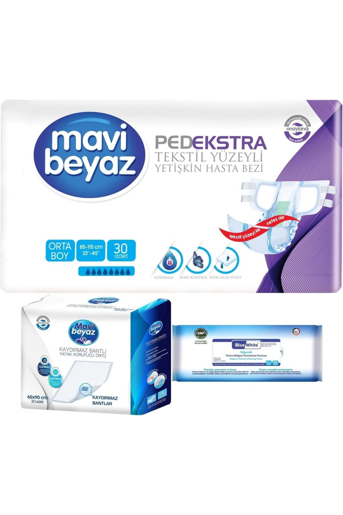 Mavi beyaz Ped Ekstra Tekstil Yüzeyli Yetişkin Bel Bantlı Hasta Bezi M 30 Adet Yatak Korucu Havlu