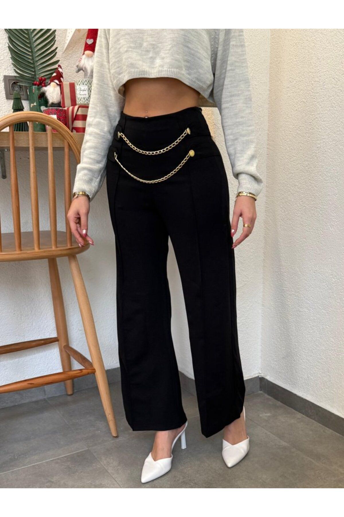 Deridün Yıldız Shoes Kadın Beli Zincir Detay Ithal Krep Pantolon