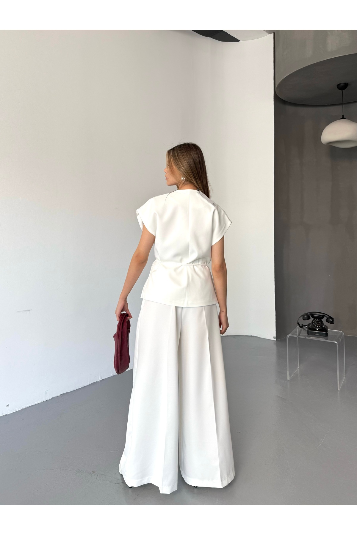 Cappmoda-Tkm-03676 White Padded Vest Palazzo Trousers Polyviscon Fabric Double Suit 7