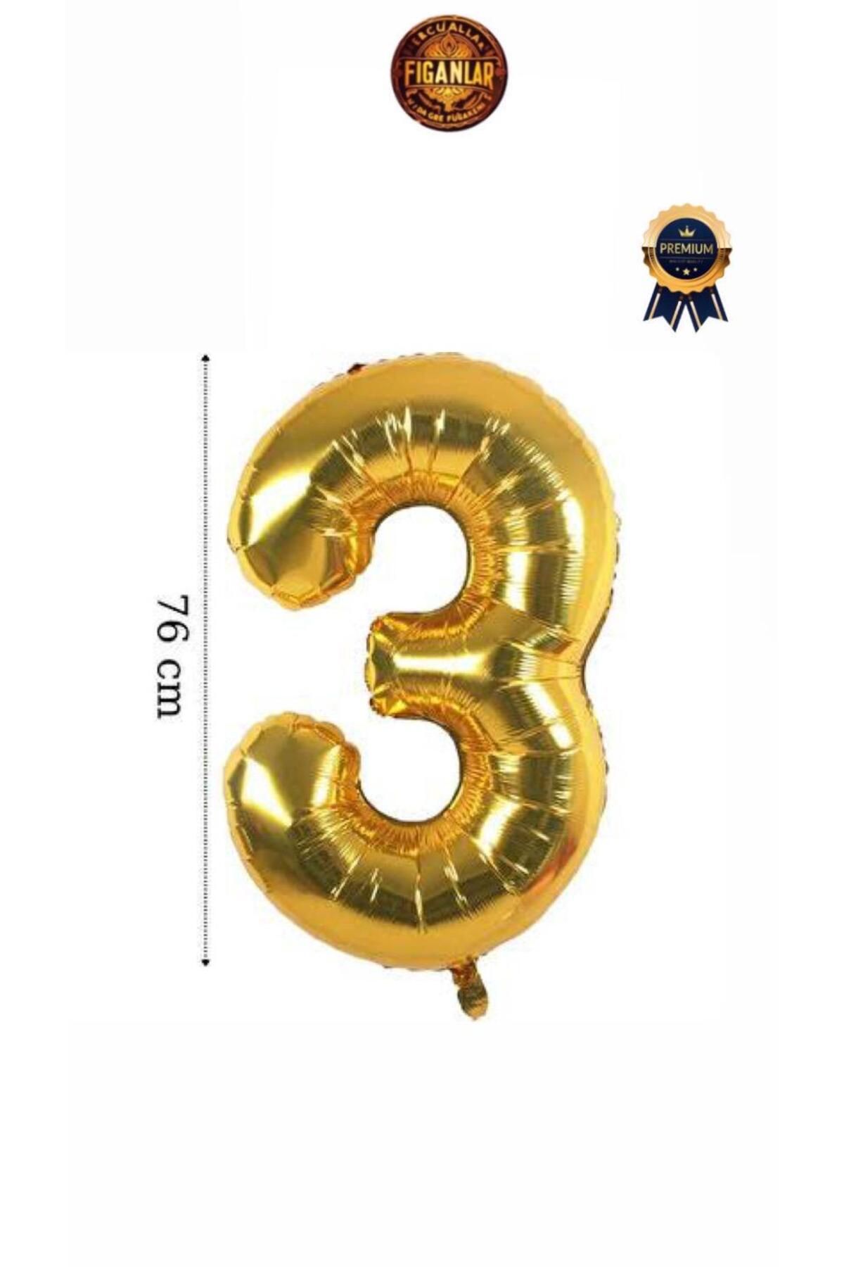 figanlar ambalaj Folyo Balon 3 yaş rakamı Helyum Balon 75cm gold renk (Balon pompası hediyedir)