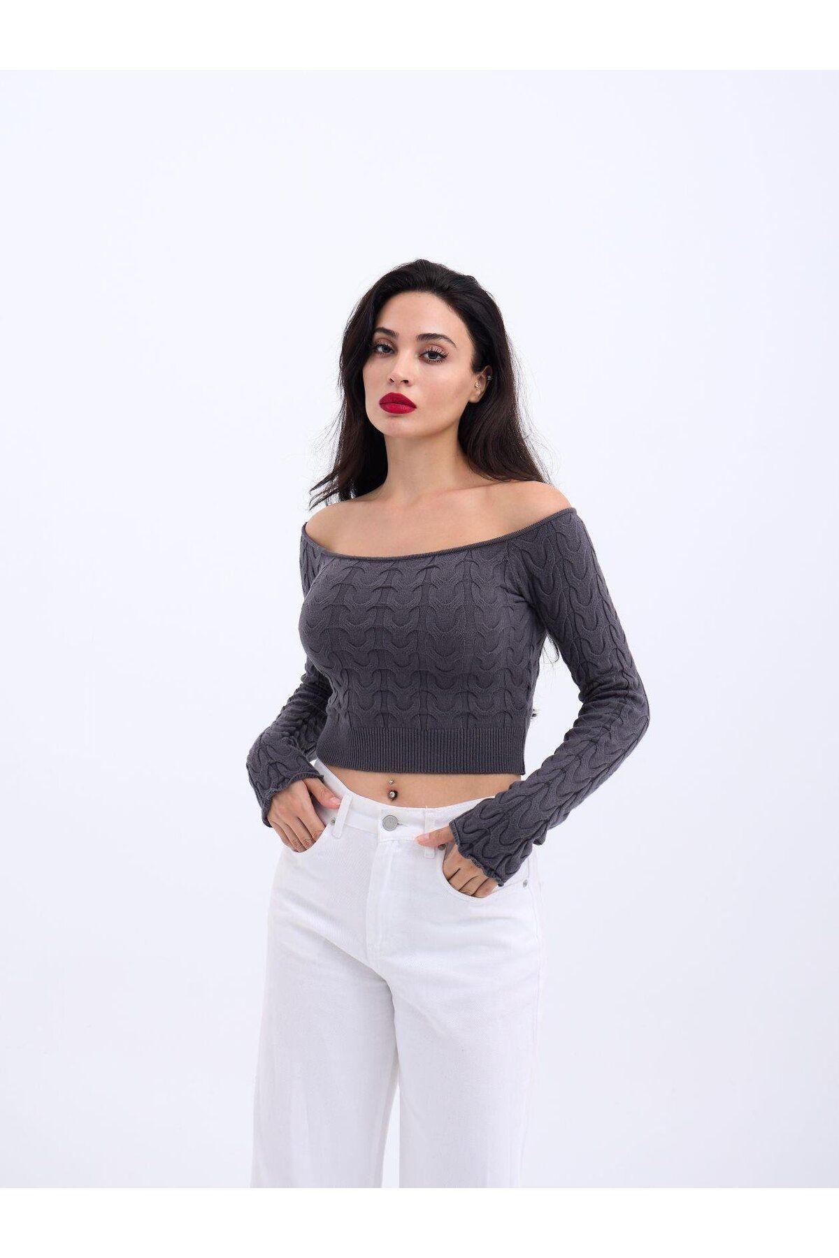 anizmir 42241 TRİKO KAYIK YAKA CROP-ANTRASİT