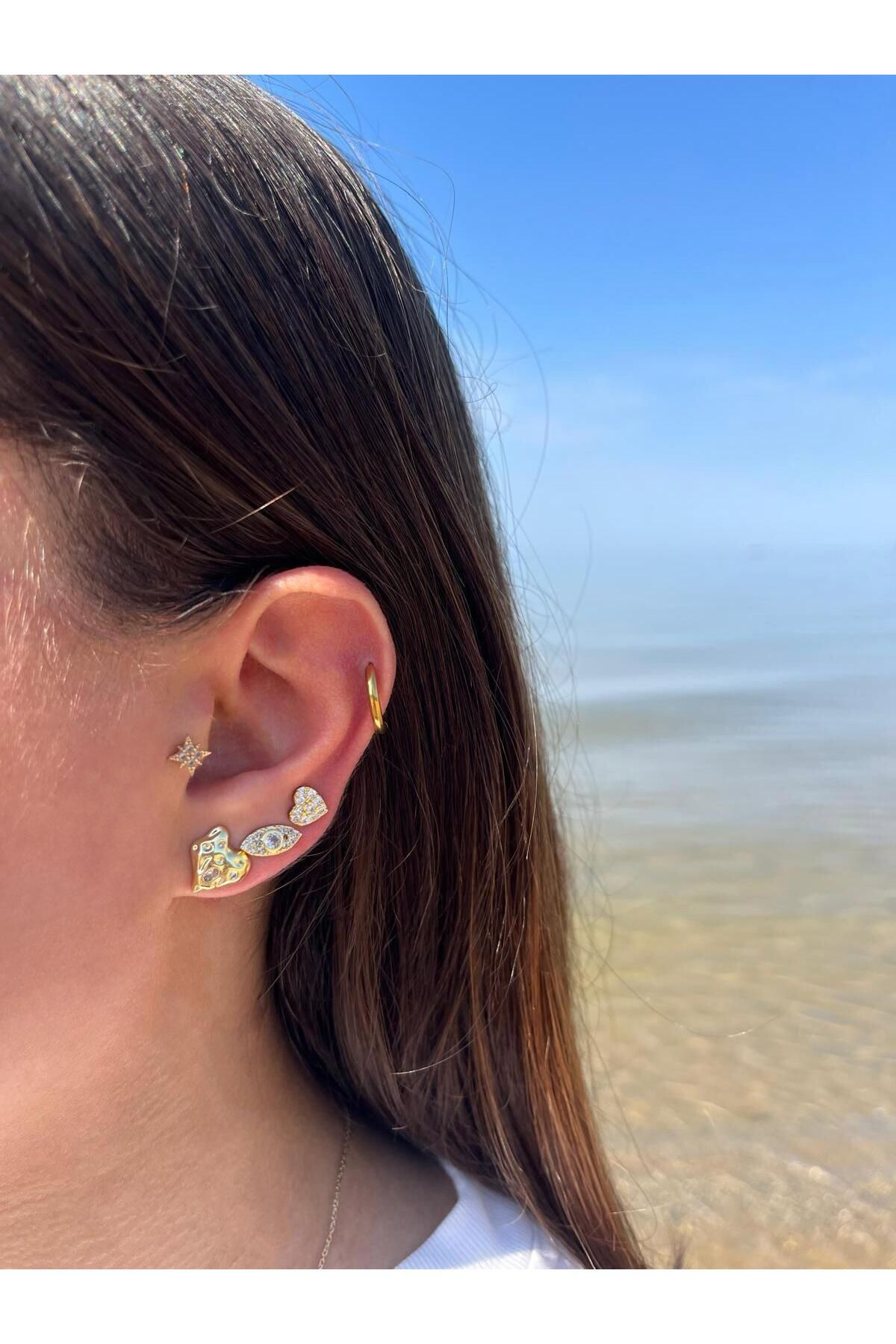 Zerys Jewelry Üçlü Kalp Ve Göz Model Taşlı Set Küpe
