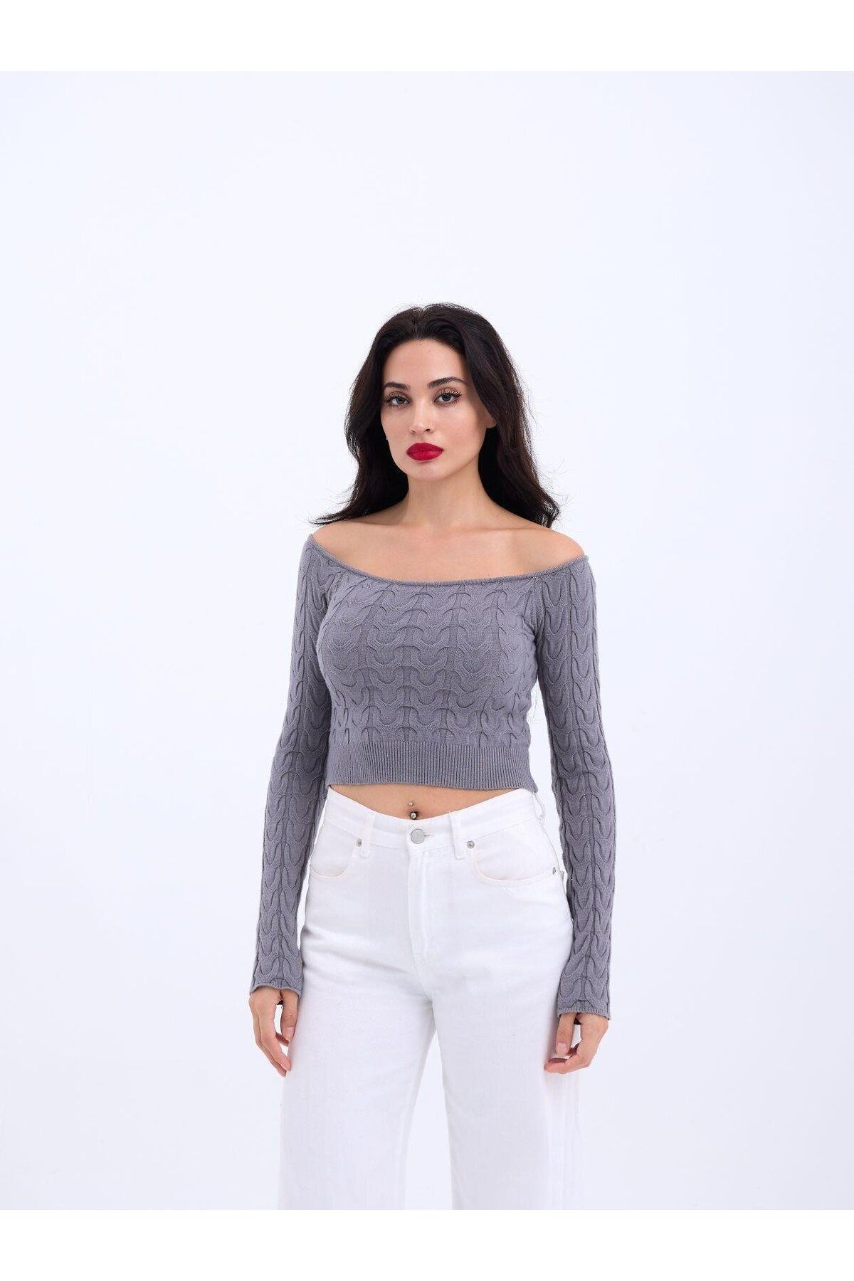 anizmir 42241 TRİKO KAYIK YAKA CROP-GRİ