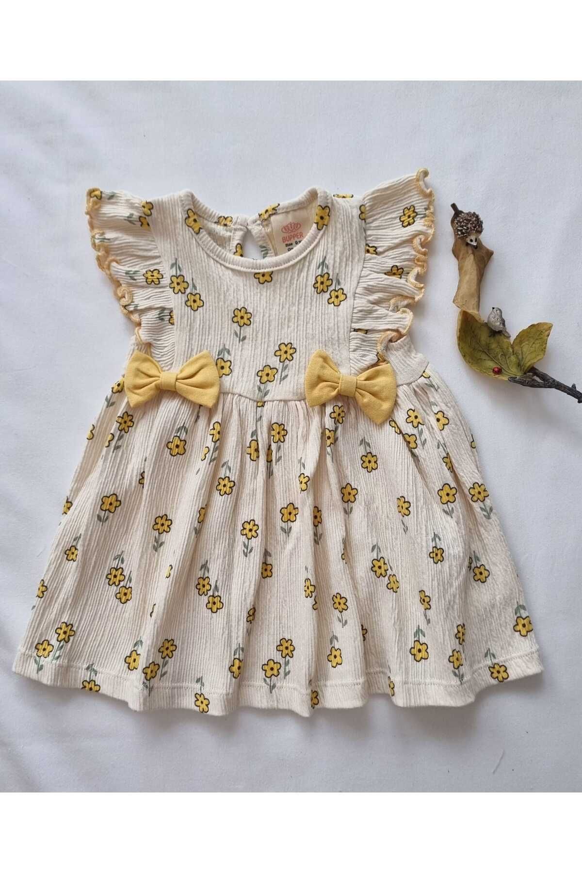 BABYSHMER Papatya Desenli Fiyonklu Kız Bebek Elbise