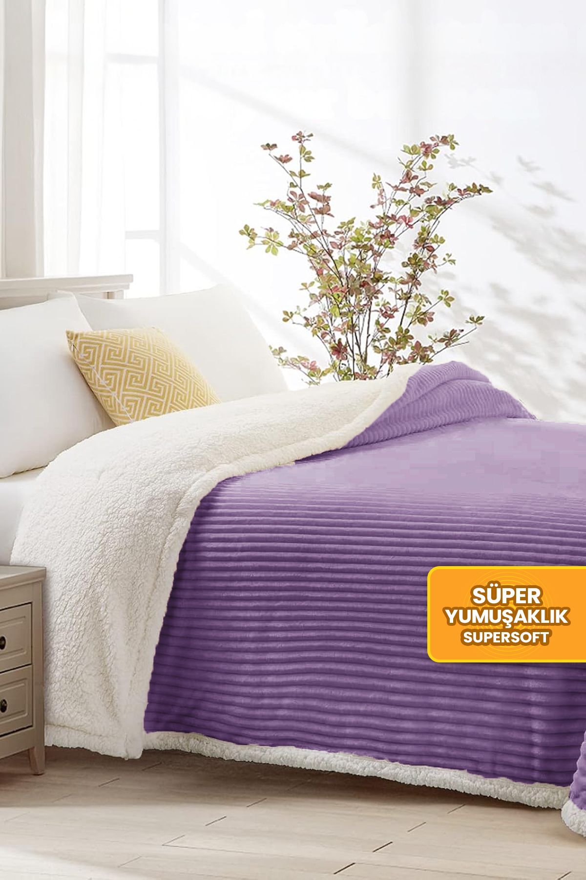 Evlen Home Collection Sherpa Tv Battaniye Tek Kişilik Çizgili Yumuşak Peluş Wellsoft Yatak Örtüsü Mor - Lila
