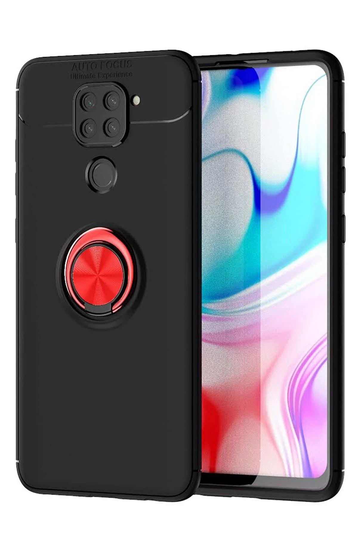 NewFace Xiaomi Redmi Note 9 Kılıf Range Yüzüklü Silikon - Siyah-Kırmızı YNSMR