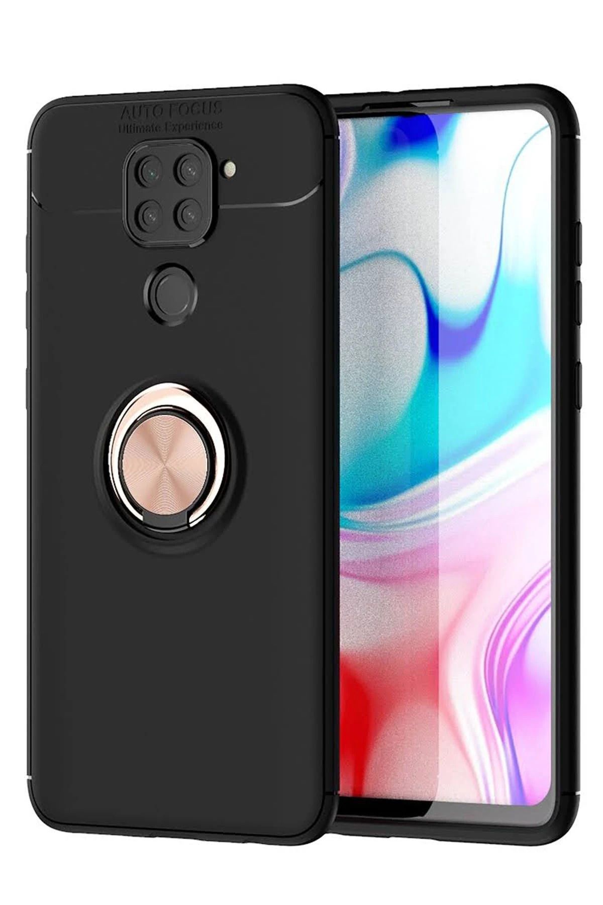 NewFace Xiaomi Redmi Note 9 Kılıf Range Yüzüklü Silikon - Siyah-Gold LZWDR