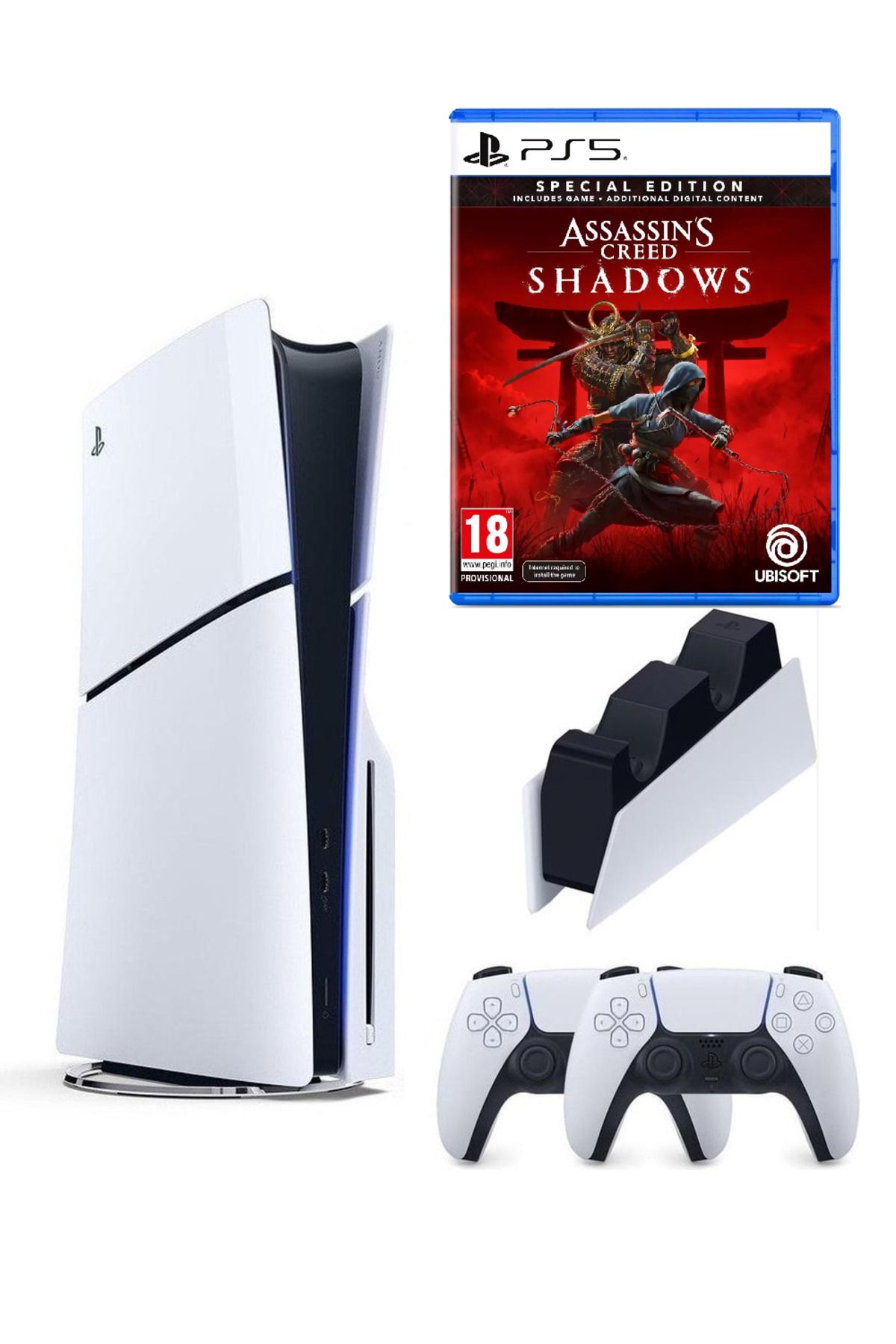 Sony Playstation 5 slim Cdli + 2.kol Dualsense +Şarj istasyonu +Assasin's Creed Shadows ( İthalatçı Grnt)