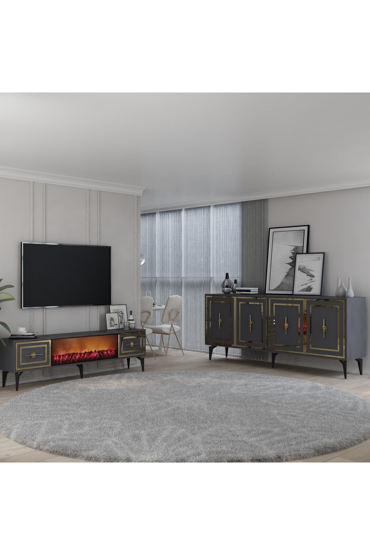 DemonteHome SAMBADH KONSOL (KX180), ŞÖMİNELİ (B) TV SEHPASI 2Lİ SALON TAKIMI ANTRASİT-ALTIN