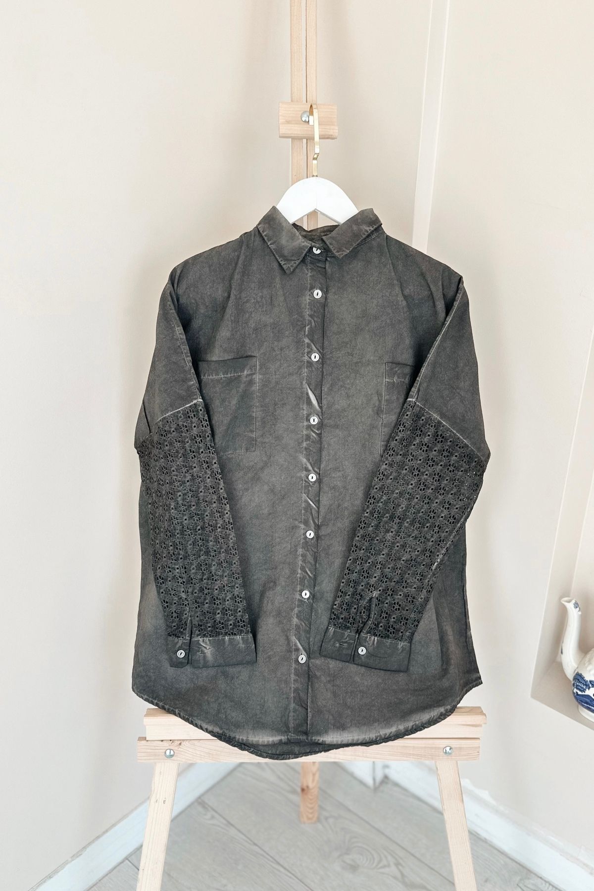 TabaBoutique Kol Dantel Detaylı Antrasit Tunik TB12943
