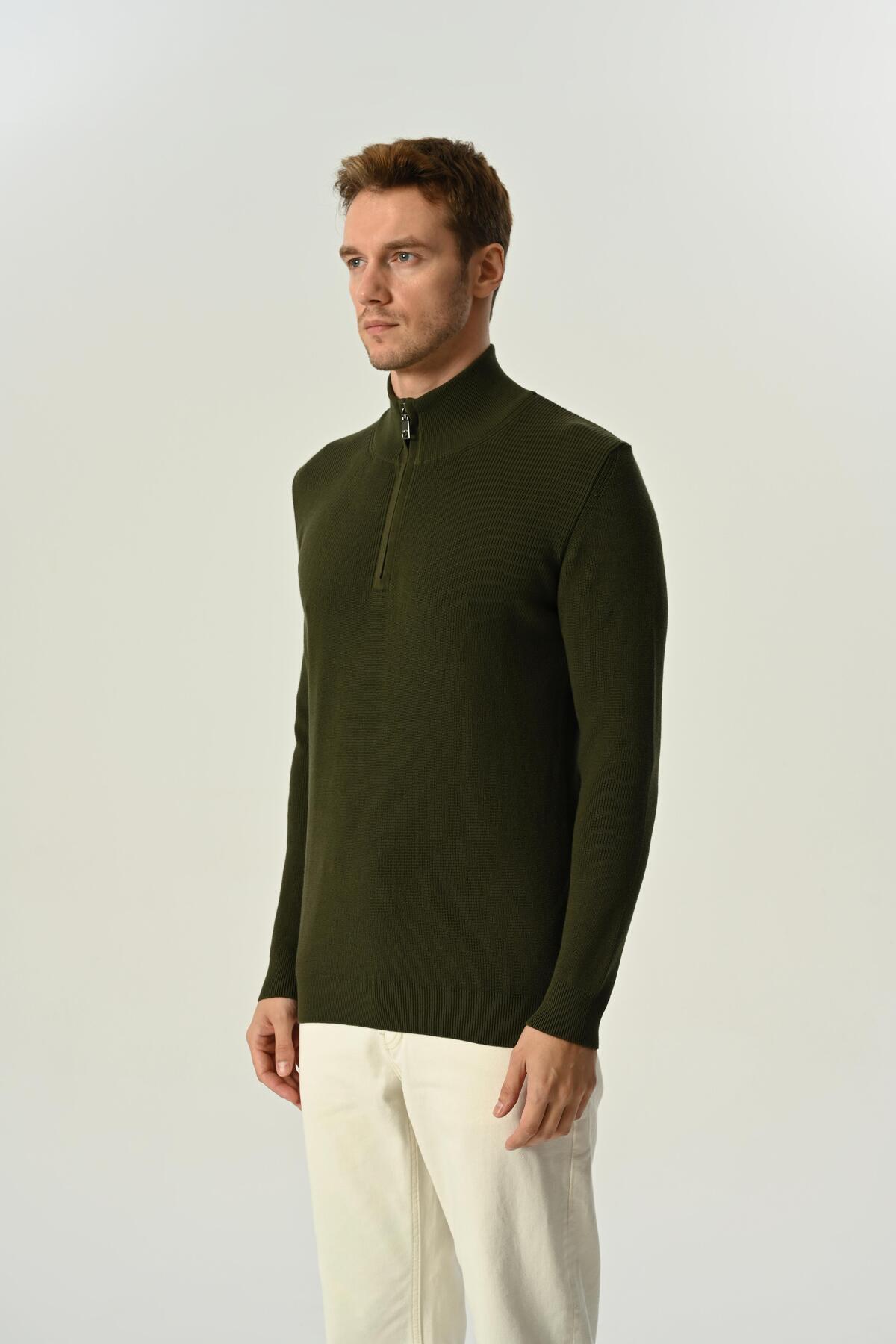 MFY Fashion-Men's Half Zipper Thessaloniki Knitted Sweater 100% Cotton Khaki 4