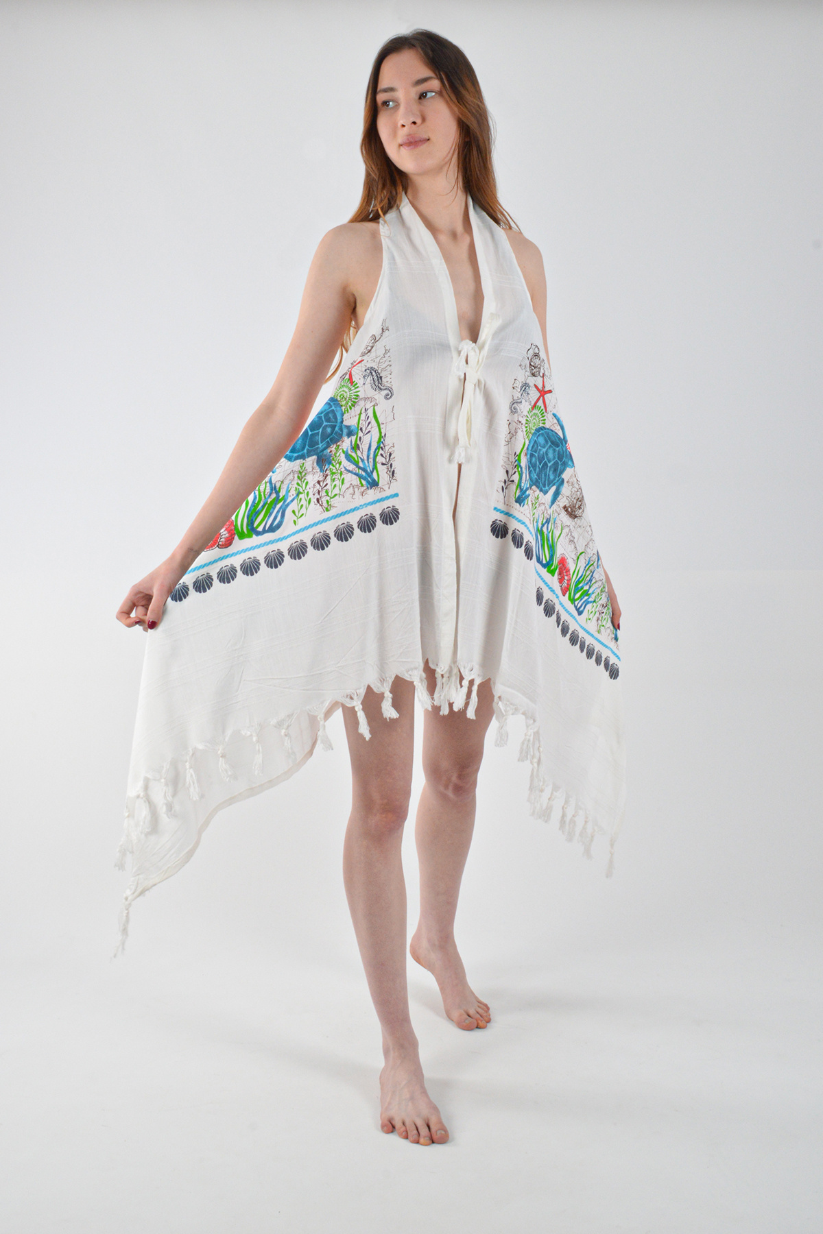 REİNA TEKS-Asymmetrical Viscon Bell Vest Turtle Print Cotton Beachwear 1 Pcs Pareo Beachwear 3