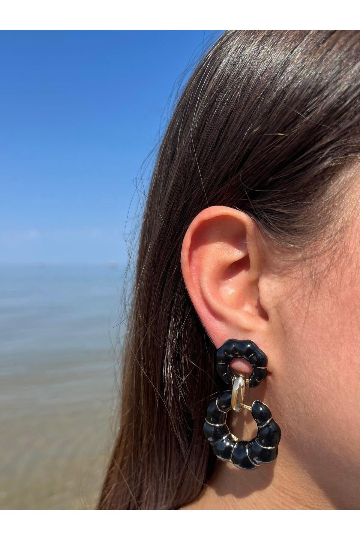 Zerys Jewelry Tasarım Model Siyah Çift Katlı Sallantılı Küpe