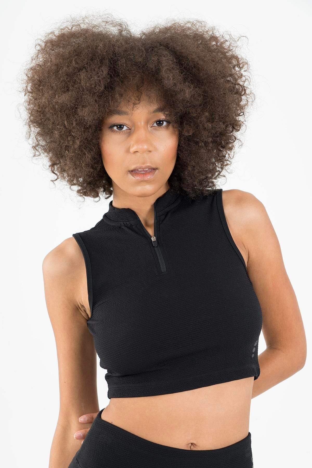 MARATON SlimFit Kadın Balıkçı Yaka Kolsuz Siyah Crop Top 22257