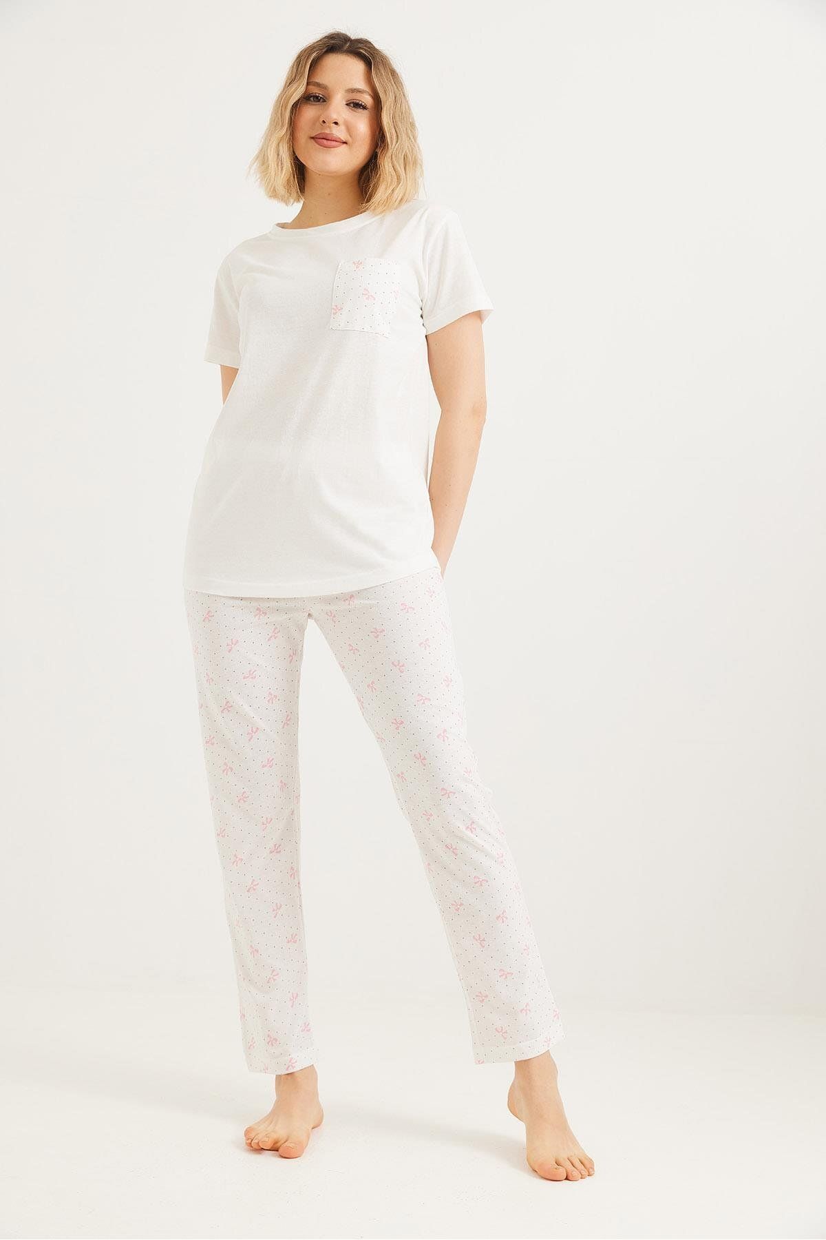 Raneel Kazançlı Alışveriş Baskılı Kısa Kol Pijama Takım Beyaz