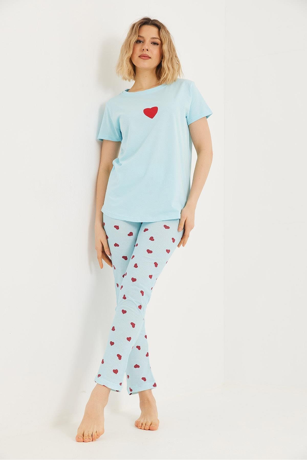 Raneel Kazançlı Alışveriş Baskılı Kısa Kol Pijama Takım Mavi