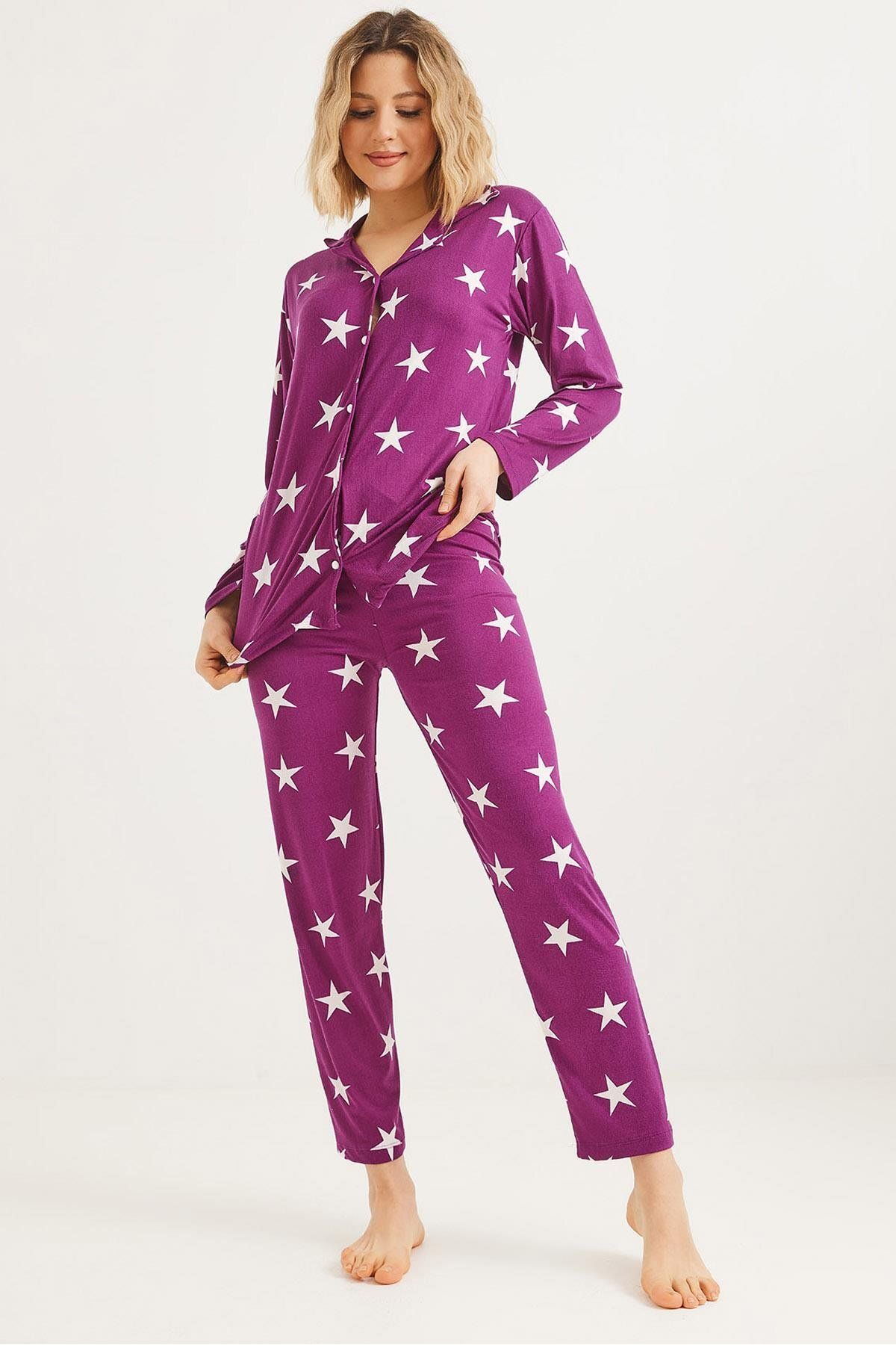 Raneel Kazançlı Alışveriş Düğmeli Uzun Kollu Pijama Takımı Mor