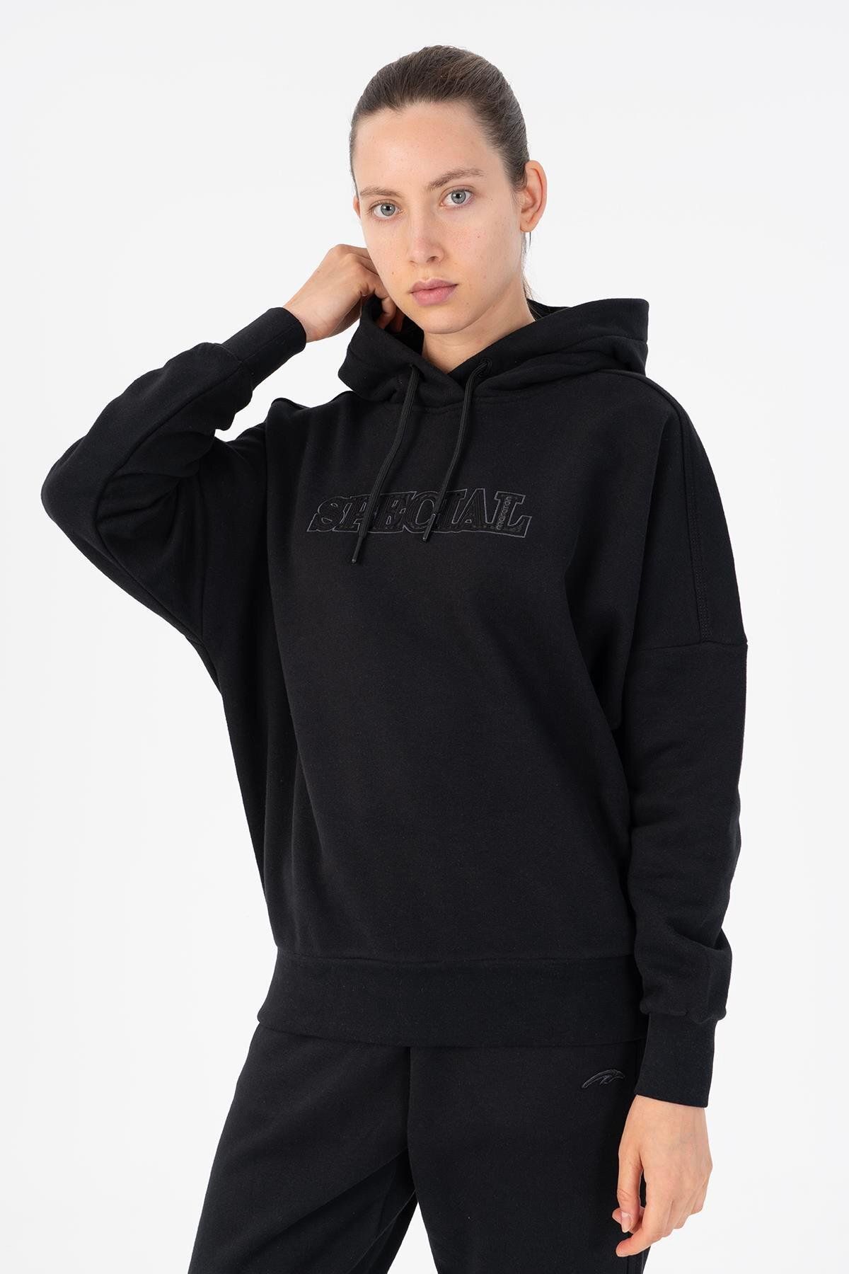 MARATON Oversize Kadın Kapşonlu Uzun Kol Siyah Sweatshirt 22292
