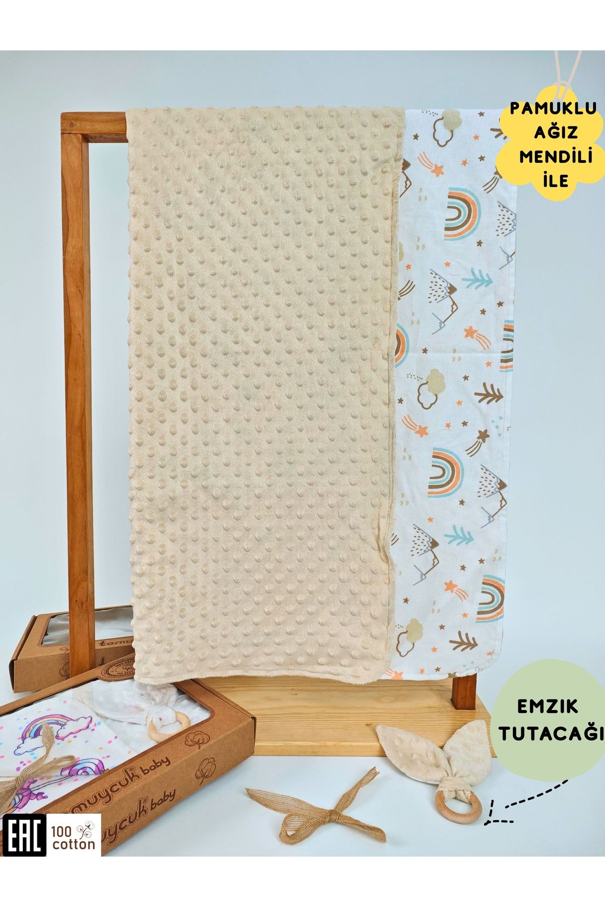 Tomuycuk Nohut Desenli %100 Pamuklu Çift Katlı Bebek Battaniyesi – 85x85 cm Kız/Erkek Kundak & Mevsimlik Örtü
