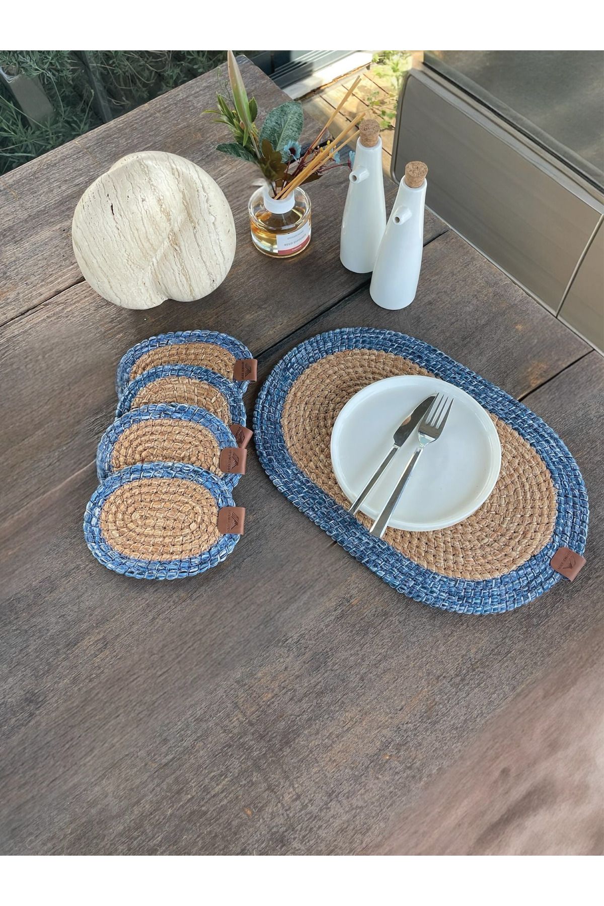homeınn 4 Adet Oval Bardak Altlığı- Leke Tutmaz- Naturel-Mavi 13x17 cm