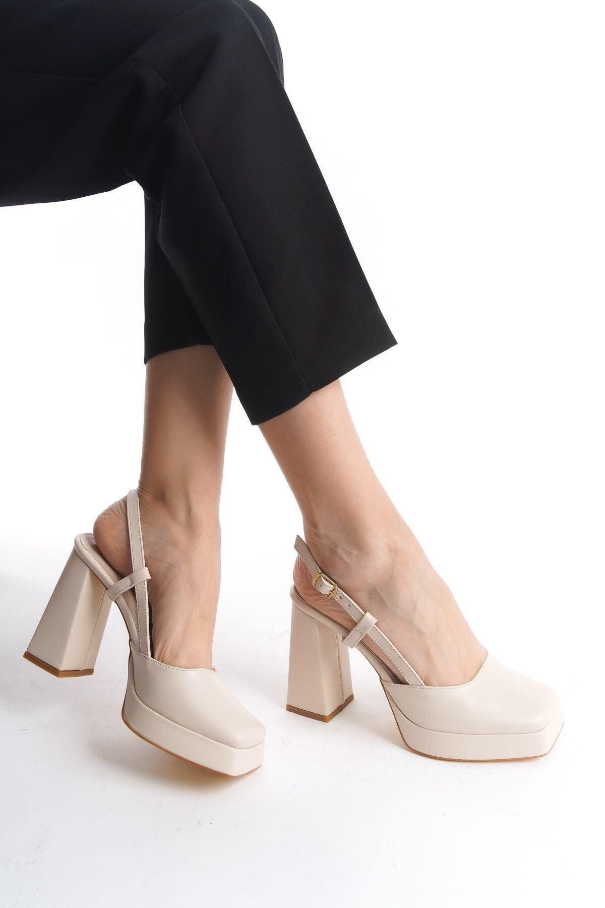 Nil Shoes Mety Bej Cilt Topuklu Ayakkabı