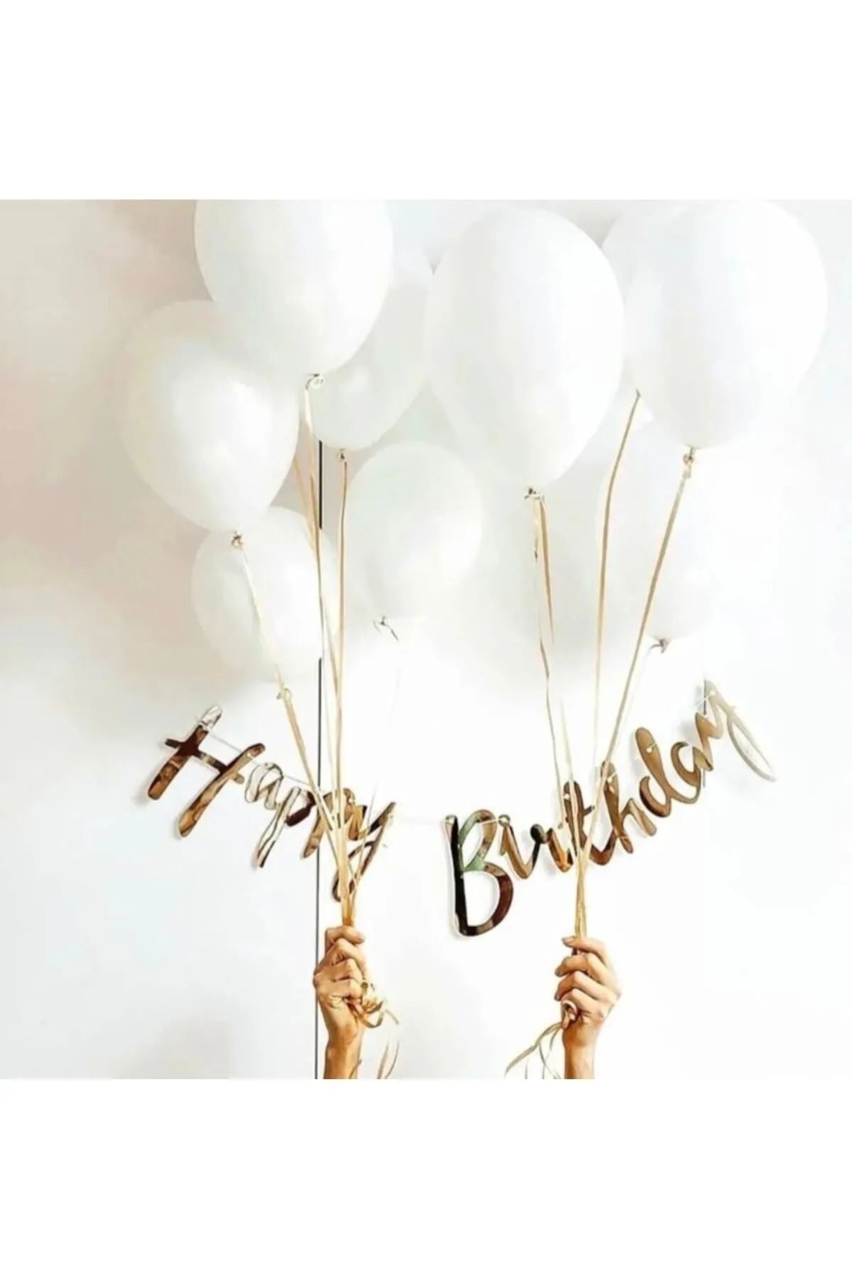 Parti Zamanı Gold Happy Bırthday Kaligrafi Yazı 8 Adet Pastel Beyaz Balon Set