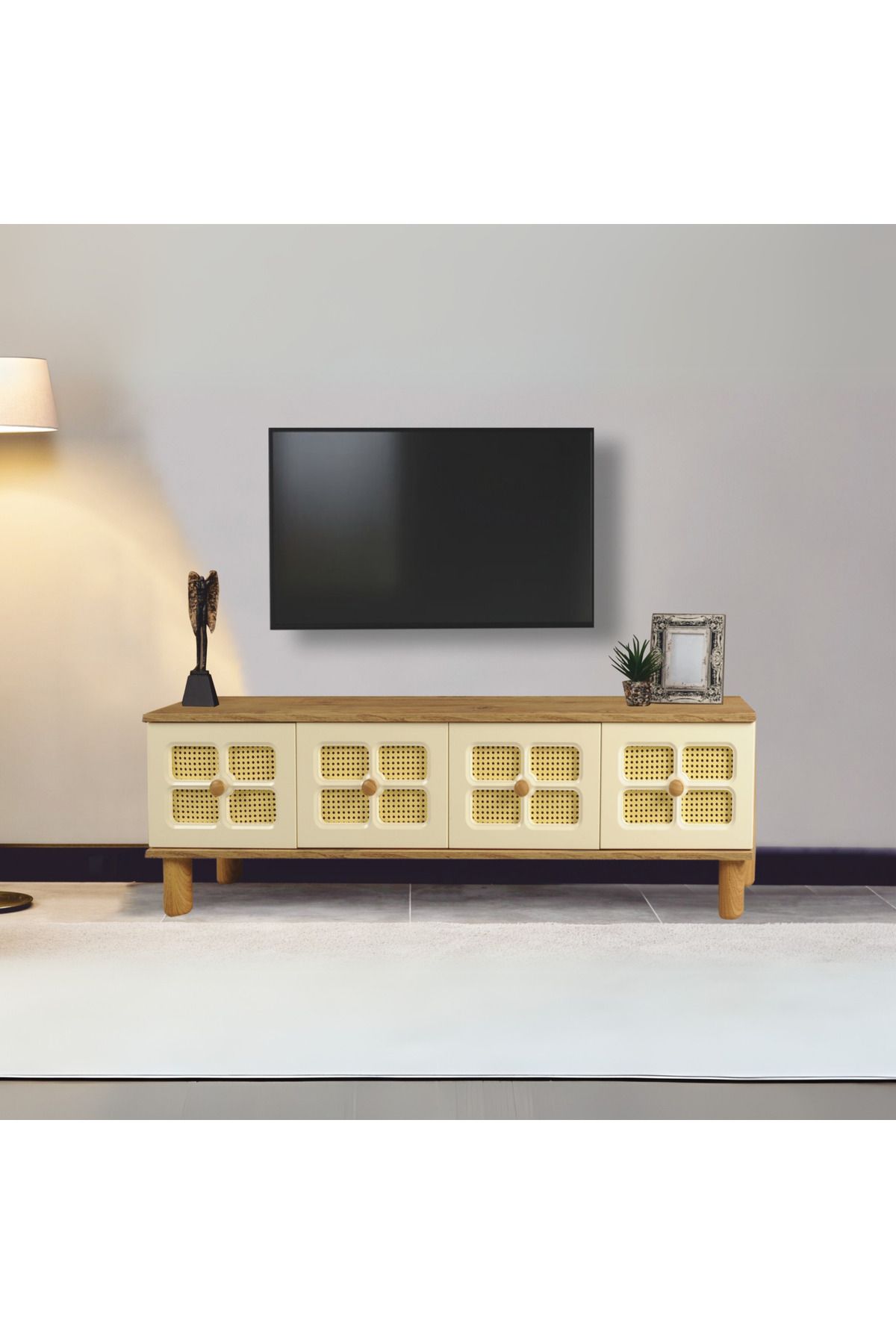 Nevamobilya Hasırlı Tv Sehpası - Atlantik Çam - Krem