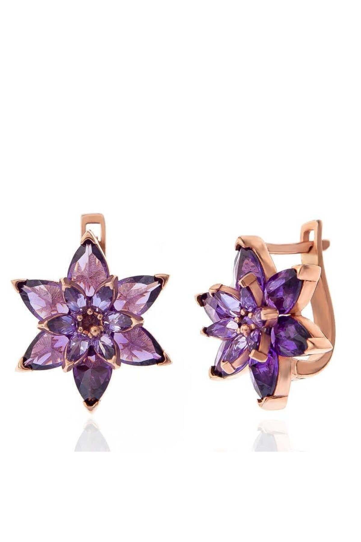 Gumush Gümüş Rose Mor Lotus Çiçeği Kadın Küpe