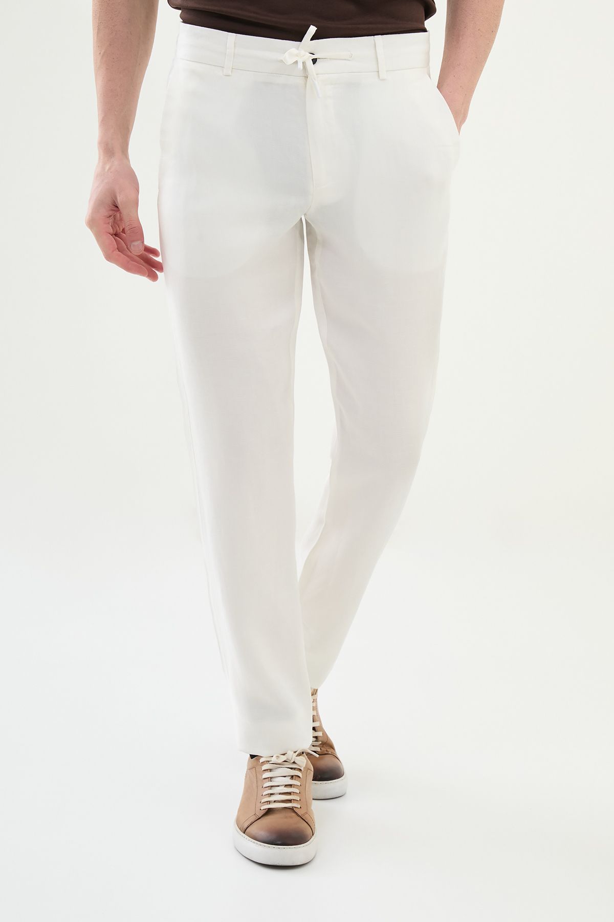 Mcr Düz Ekru Slim Fit Beli Lastikli İpli %100 Keten Erkek Pantolon