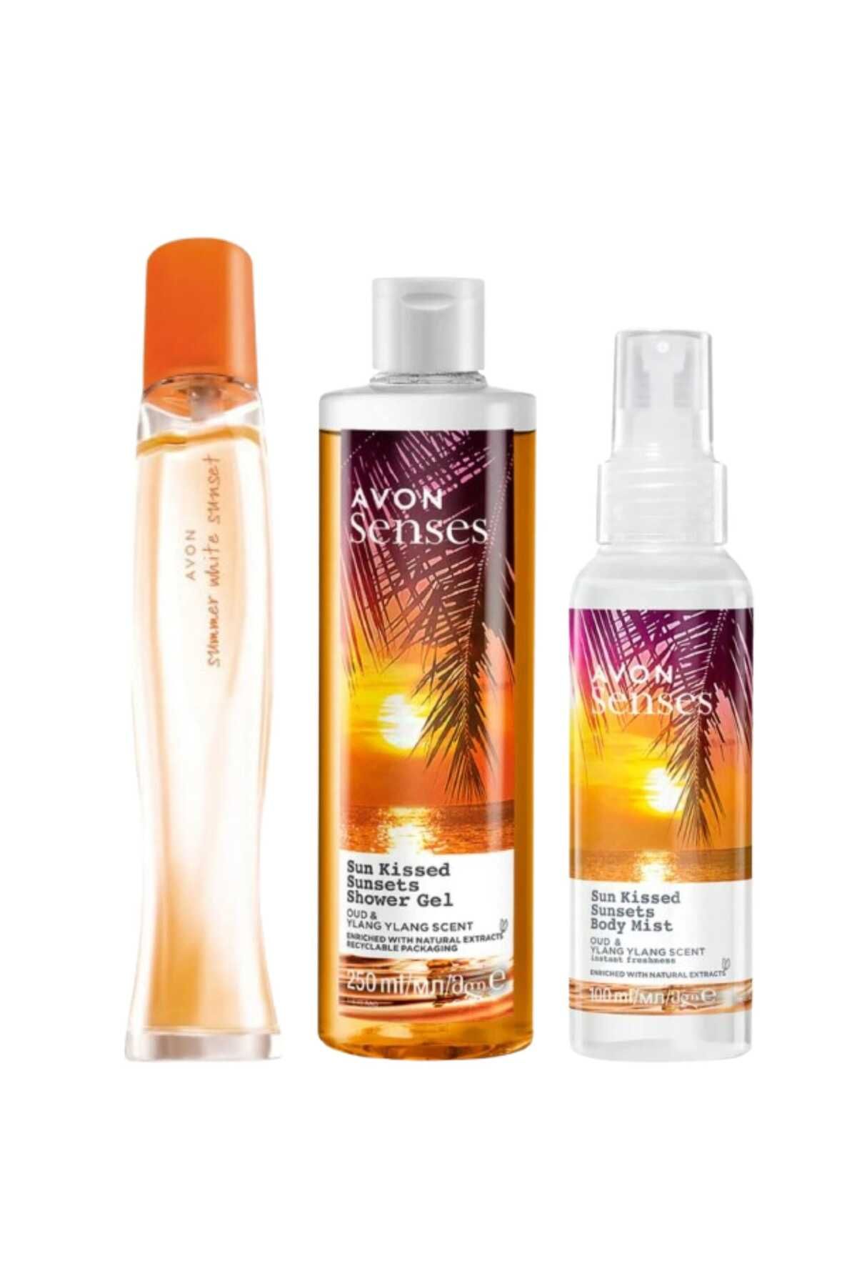 AVON Summer White Sunset Parfüm, Senses Sun Kissed Sunsets 250 ml Duş Jeli ve 100 ml Vücut Spreyi Paketi