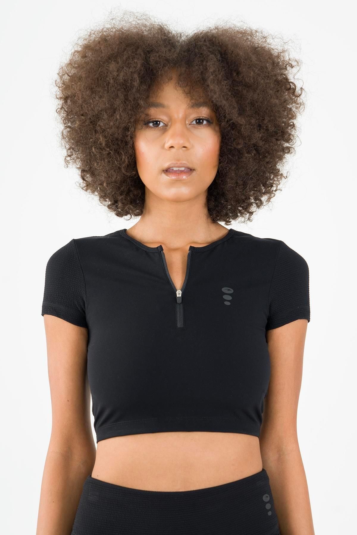 MARATON SlimFit Kadın Bisiklet Yaka Kısa Kol Siyah Crop Top 21973