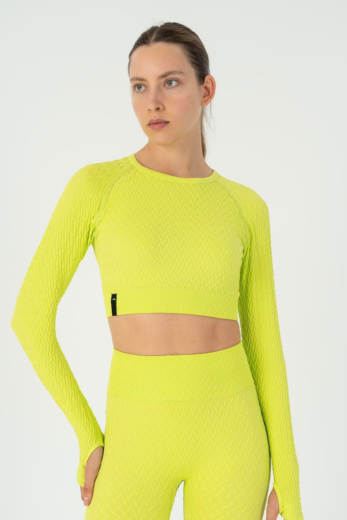 MARATON SlimFit Kadın Bisiklet Yaka Reglan Kol Neon Yeşil Crop Top 816026