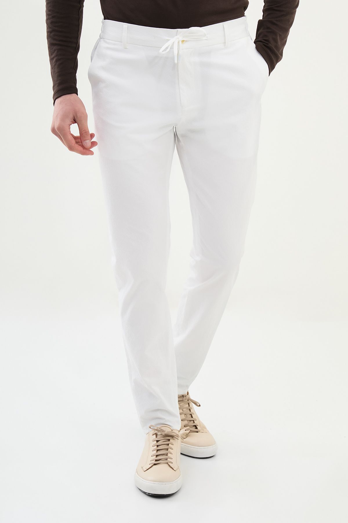 Mcr Gofreli Ekru Super Slim Fit Beli Lastikli İpli Erkek Pantolon
