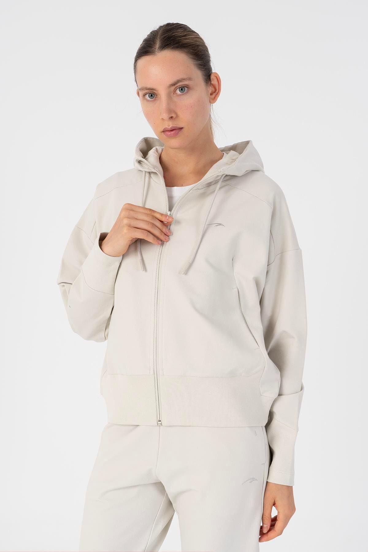 MARATON Oversize Kadın Kapşonlu Uzun Kol Gümüş Gri Tracktop 23052