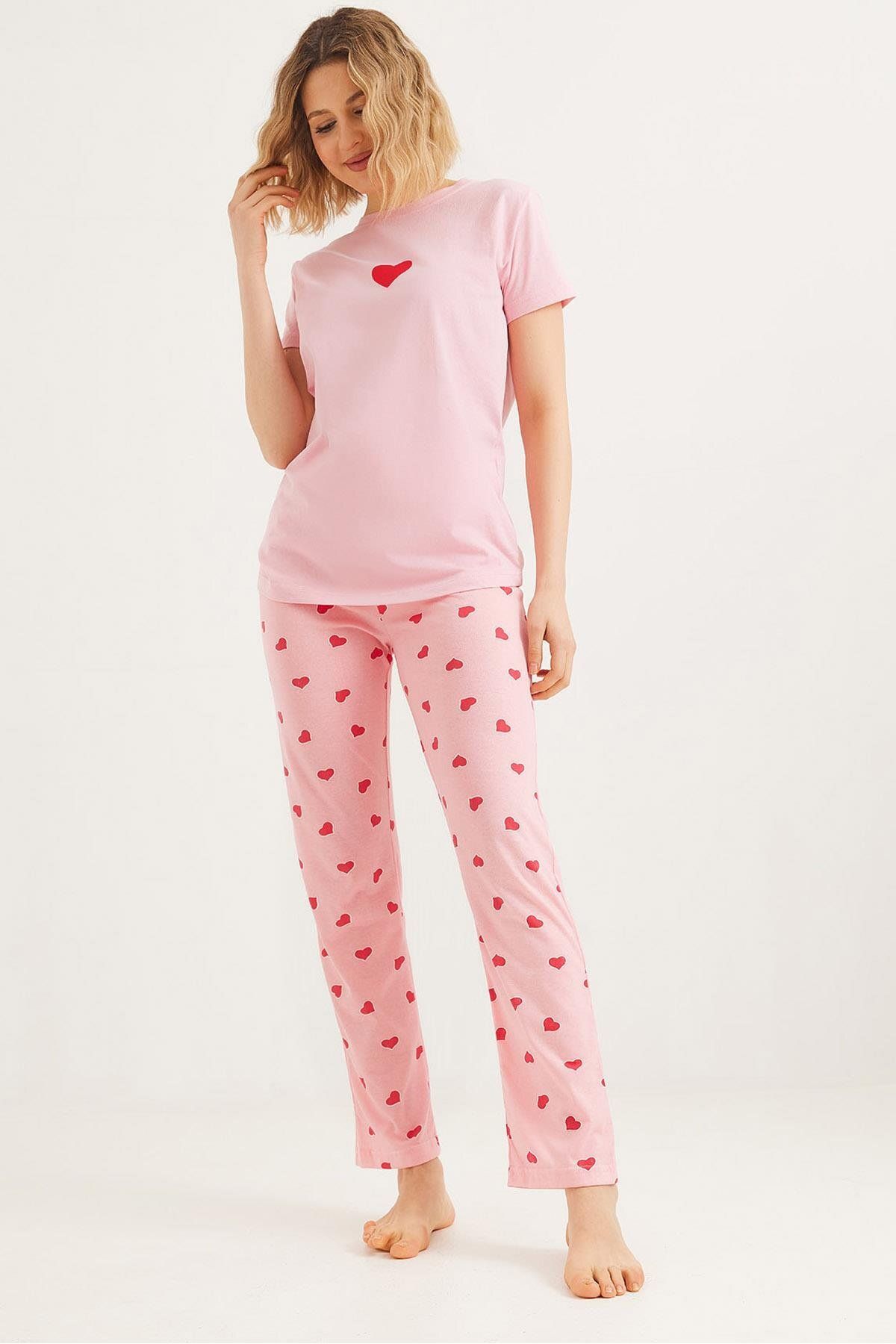 Raneel Kazançlı Alışveriş Baskılı Kısa Kol Pijama Takım Pembe