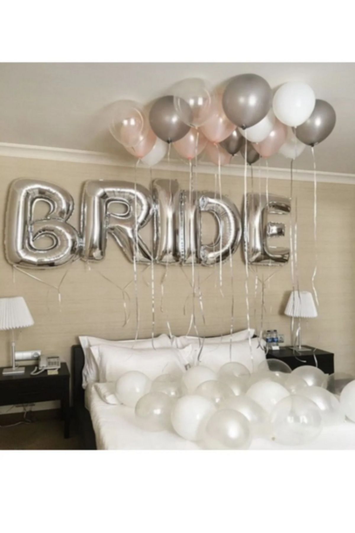 Parti Zamanı Gümüş Bride Folyo Rose Gold Beyaz Gri Şeffaf Balon Set 40 Inç 100 Cm