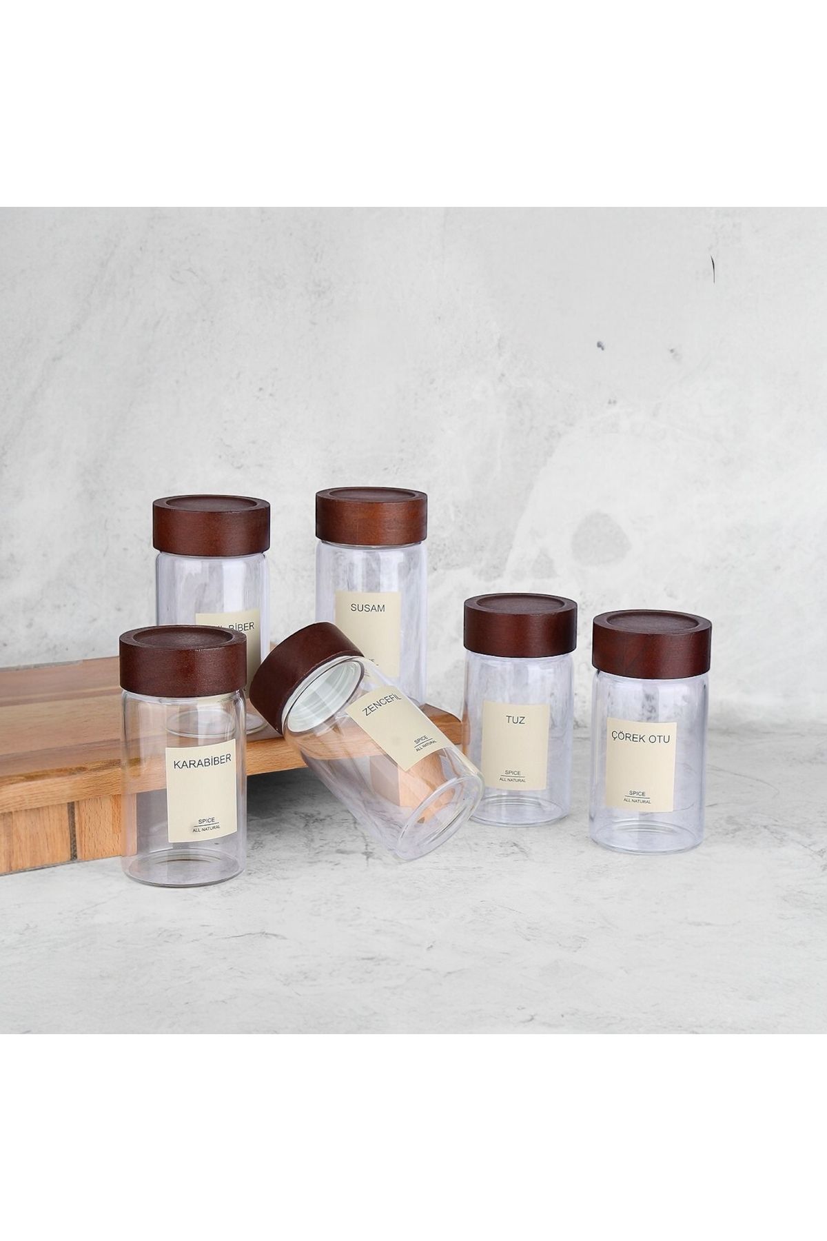 ELZEY HOME 6'lı Akaysa Kapaklı 300 ml Cam Baharatlık Seti (16 ADET ETİKET)
