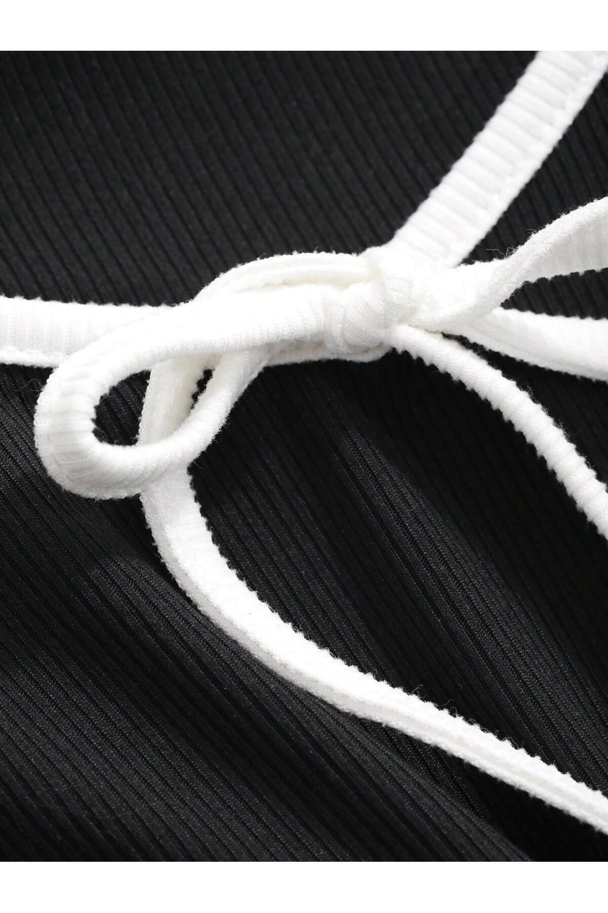 MOONBULL  Kadın Kare Yaka Önü Bağlama Detaylı Fitilli Esnek Kumaş Crop Bluz - Görsel 7