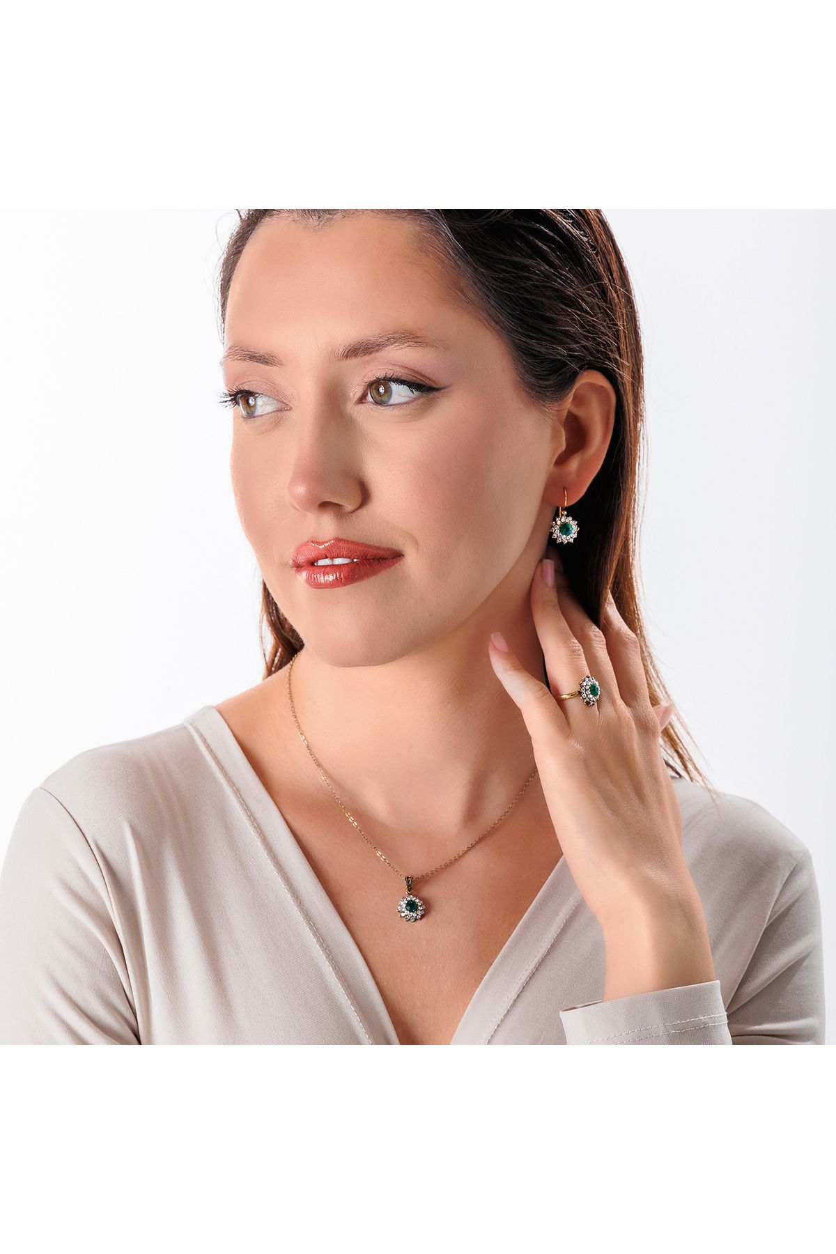 Atelier LEO Handmade Jewellery KLASİK IŞILTI YEŞİL TAKIM YÜZÜK NO:6 BAKIR EL YAPIMI KARARMA YAPMAZ KADIN TAKI SETİ
