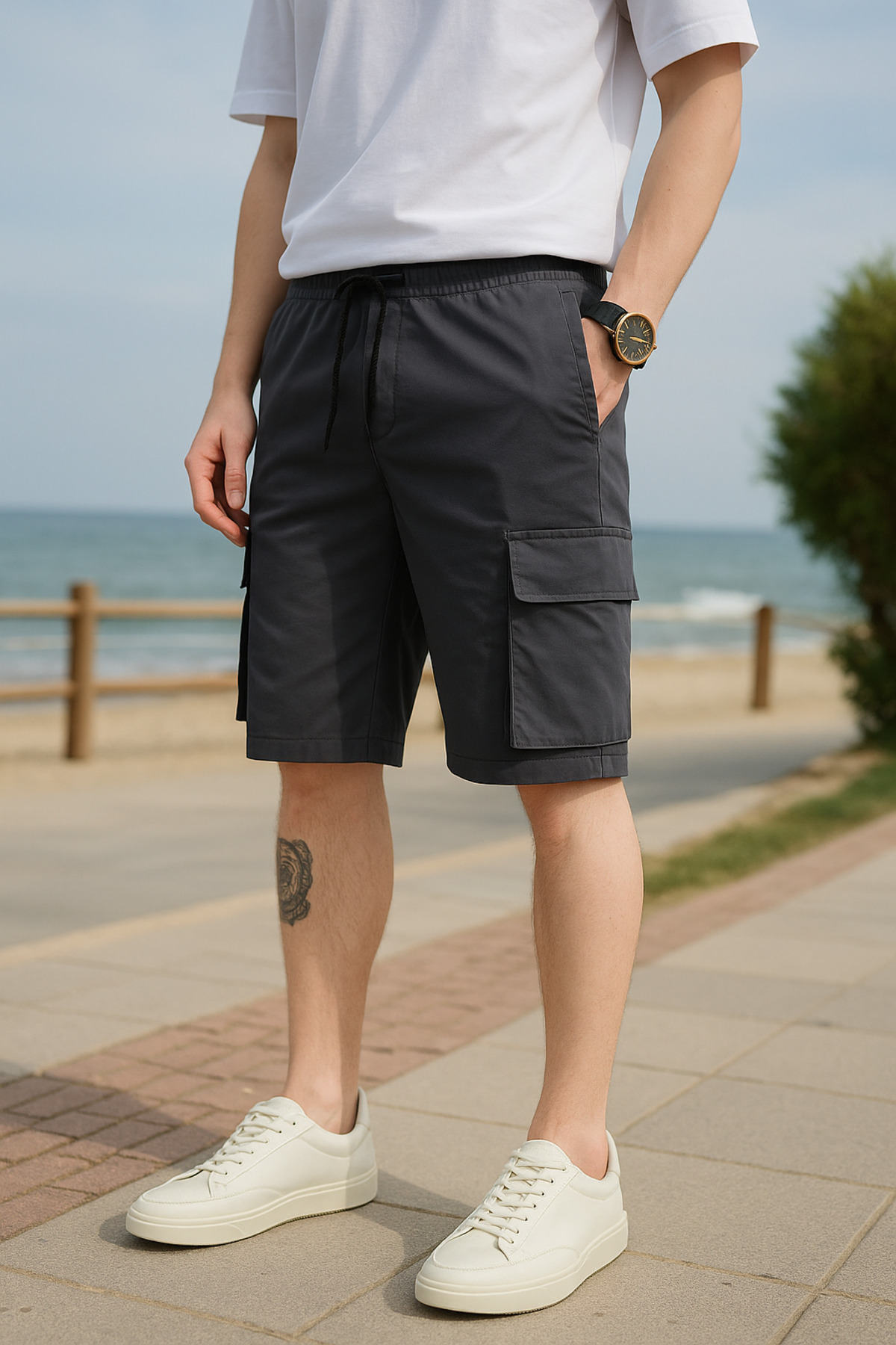 Pobudo  Antrasit Renk Kargo Cepli Paraşüt Kumaş Erkek Şort - Görsel 3