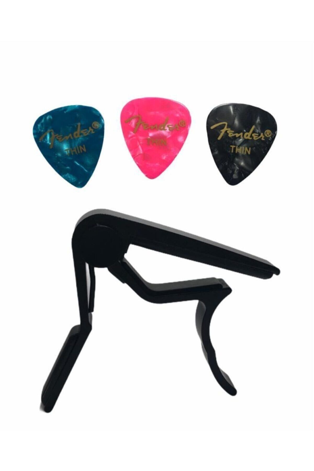 Master Music Gitar Ve Bağlama Kaposu Fc-75 Capo + 3 Adet Fender 351 Thin Picks Pena