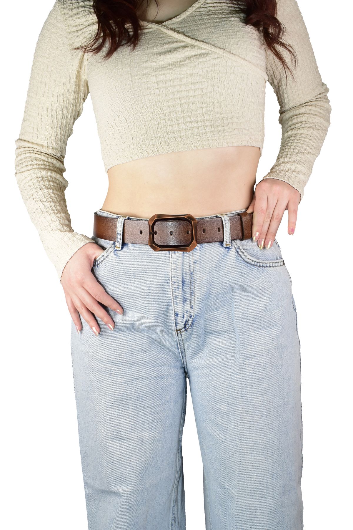 کمربند چند رنگ زنانه جین 100% چرم اصل قهوه ای با سگک مسی افسانه 4 سانتی متر GoDeri