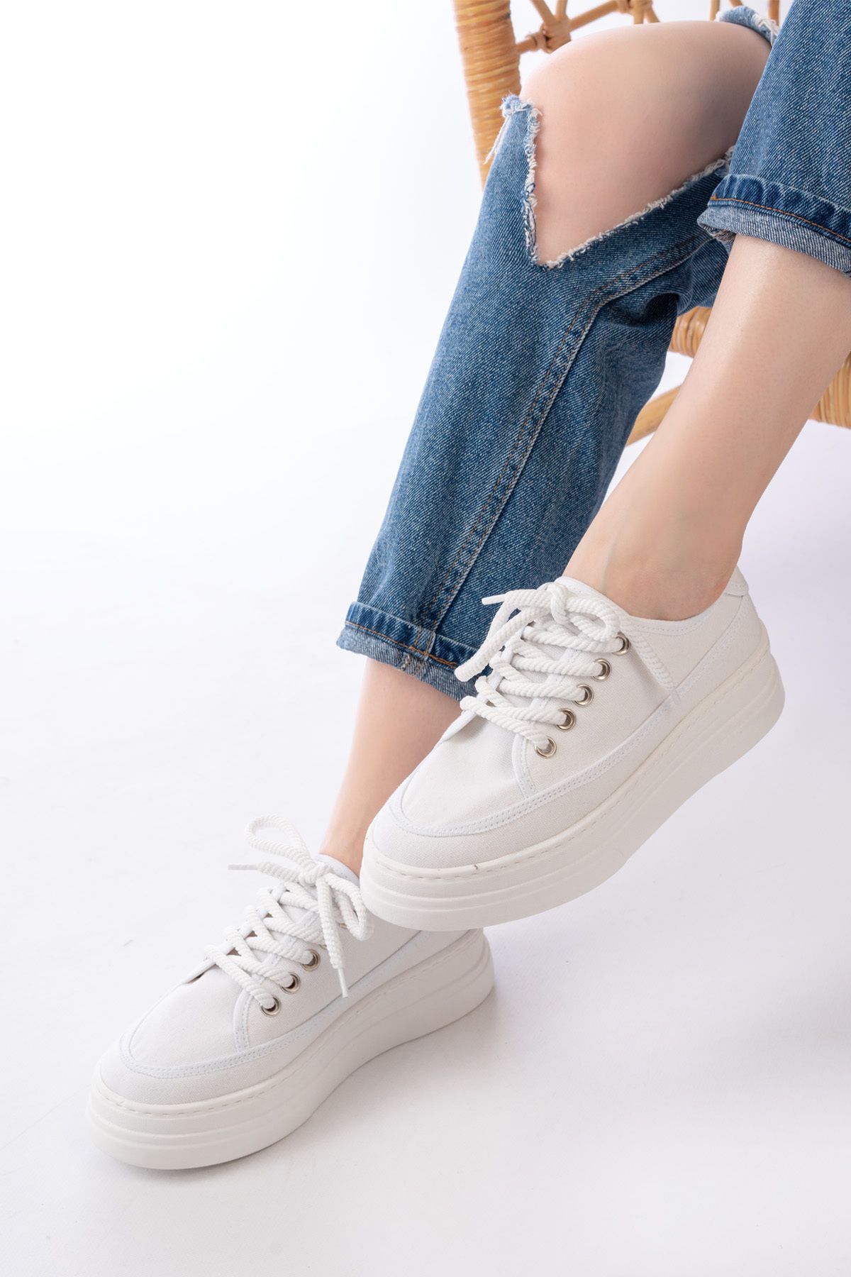 SEEM & BE Tina Kadın Keten Sneaker Beyaz Spor Ayakkabı