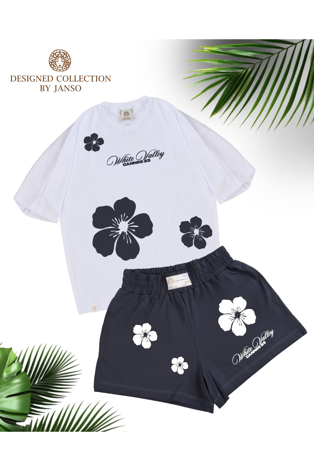 JANSO GROUP KADIN ÇİÇEK BASKILI KISA KOLLU TSHIRT-ŞORT TAKIMI BÜYÜK BEDEN PAMUKLU