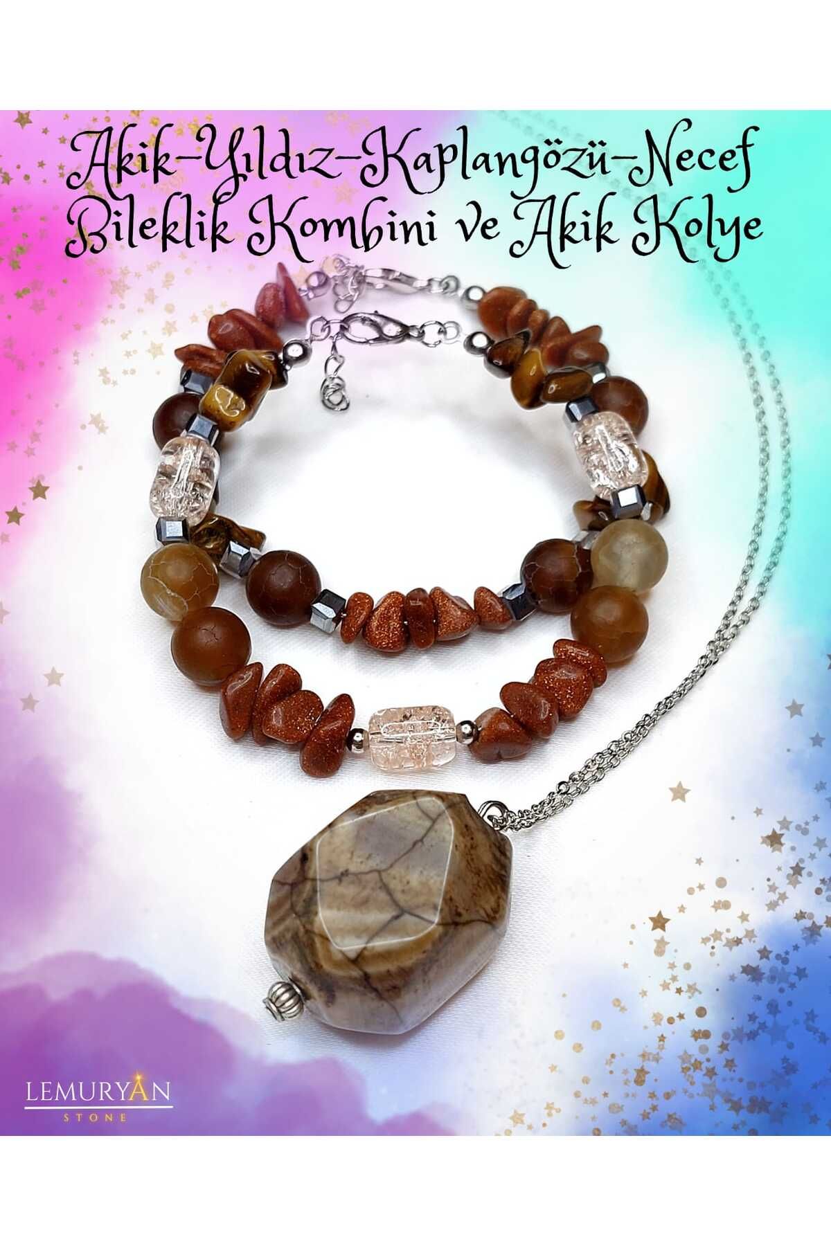 Herkimer Doğal Taş Orijinal Doğaltaş Akik - Yıldız Taşı (Altın Taşı) - Kaplangözü - Necef 2'li Bileklik & Kolye Set