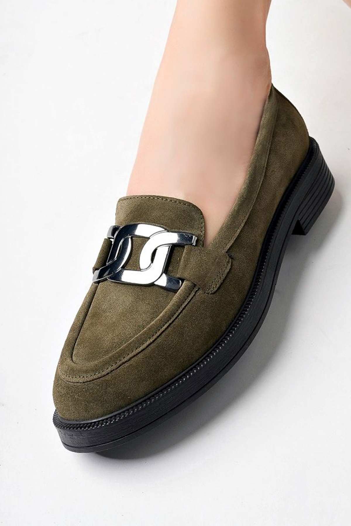 GRADA  Haki Süet Kadın Loafer Ayakkabı Haki Yeşili Hakiki Süet Deri Tokalı Kadın Haki Rengi Günlük Mokasen - Görsel 4