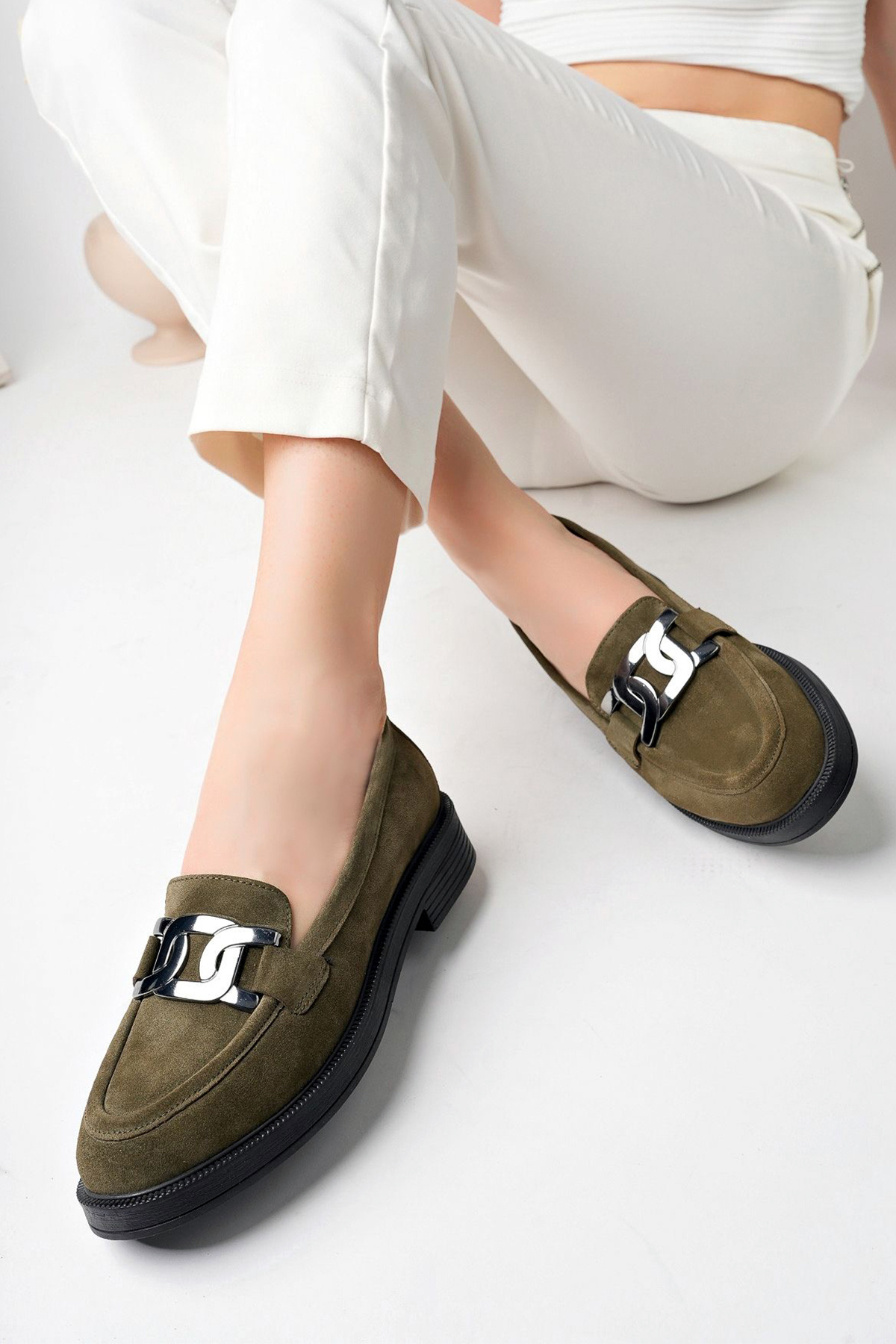 GRADA  Haki Süet Kadın Loafer Ayakkabı Haki Yeşili Hakiki Süet Deri Tokalı Kadın Haki Rengi Günlük Mokasen - Görsel 3